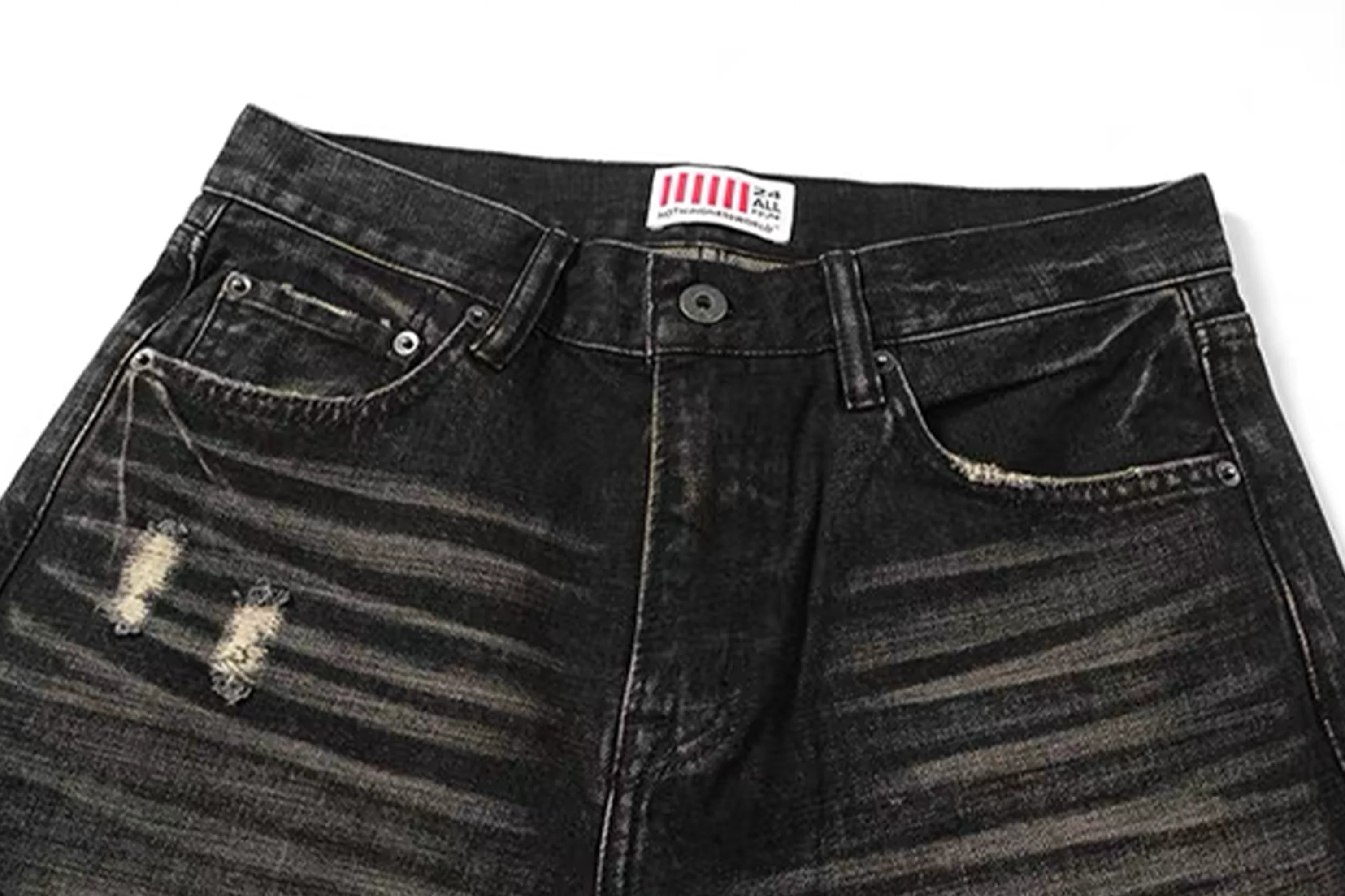 NOTHINGNESS WORLD Distressed Ripple-Wash Graphic Denim Pants