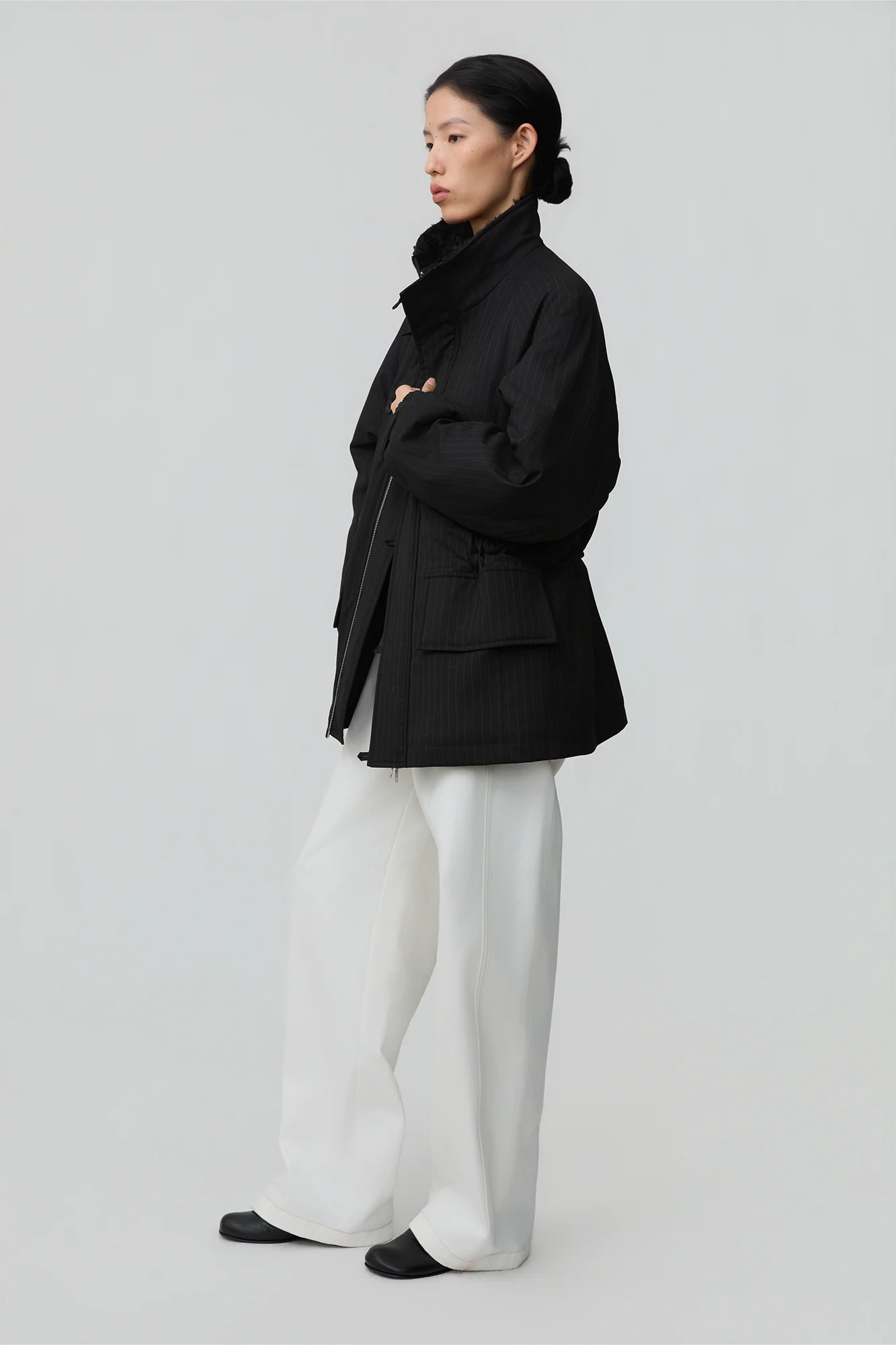 OPICLOTH Pinstriped Faux Fur-Lined Drawstring Jacket