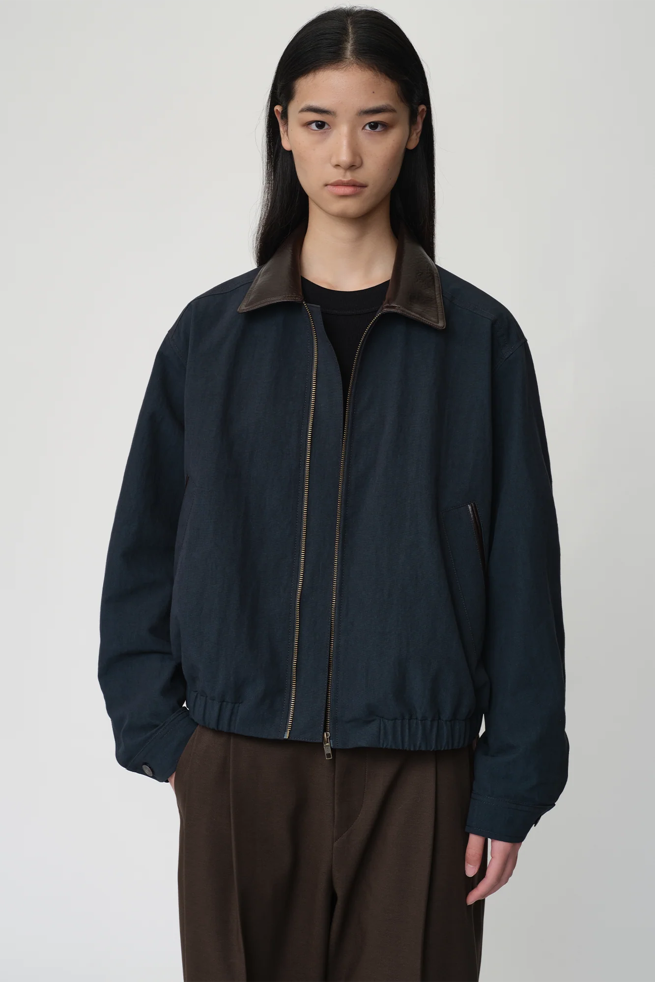 OPICLOTH Retro Contrast Leather Collar Jacket