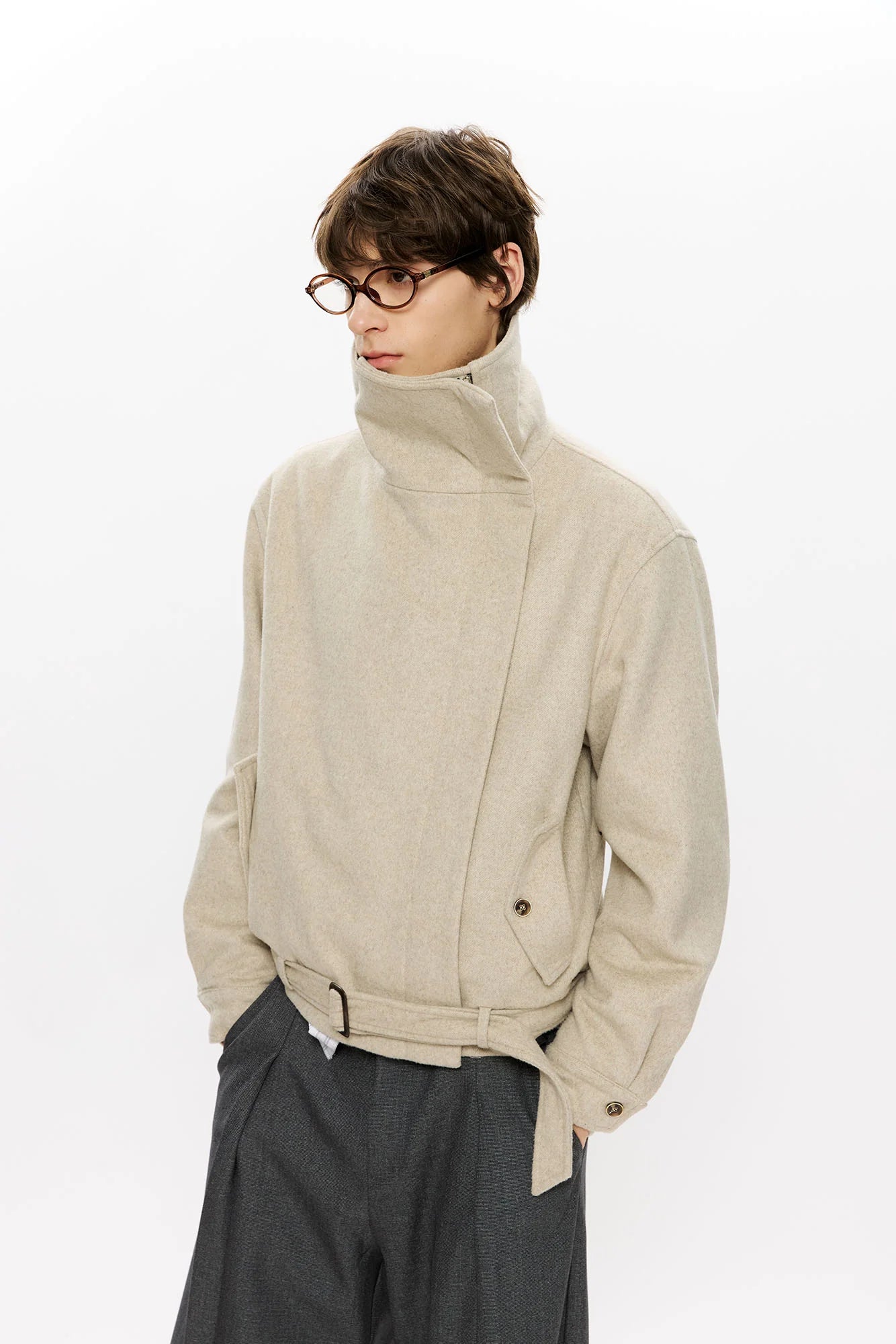 KREATE Asymmetrical Funnel-Neck Wool-Blend Jacket