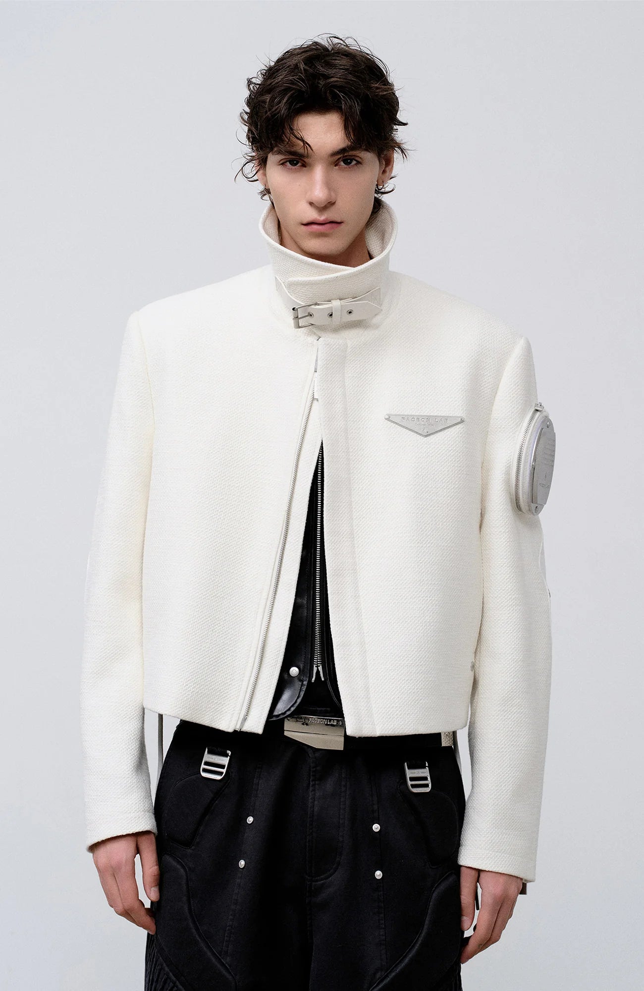 FACEONLAB Arm-Patched Cropped Naval Jacket White