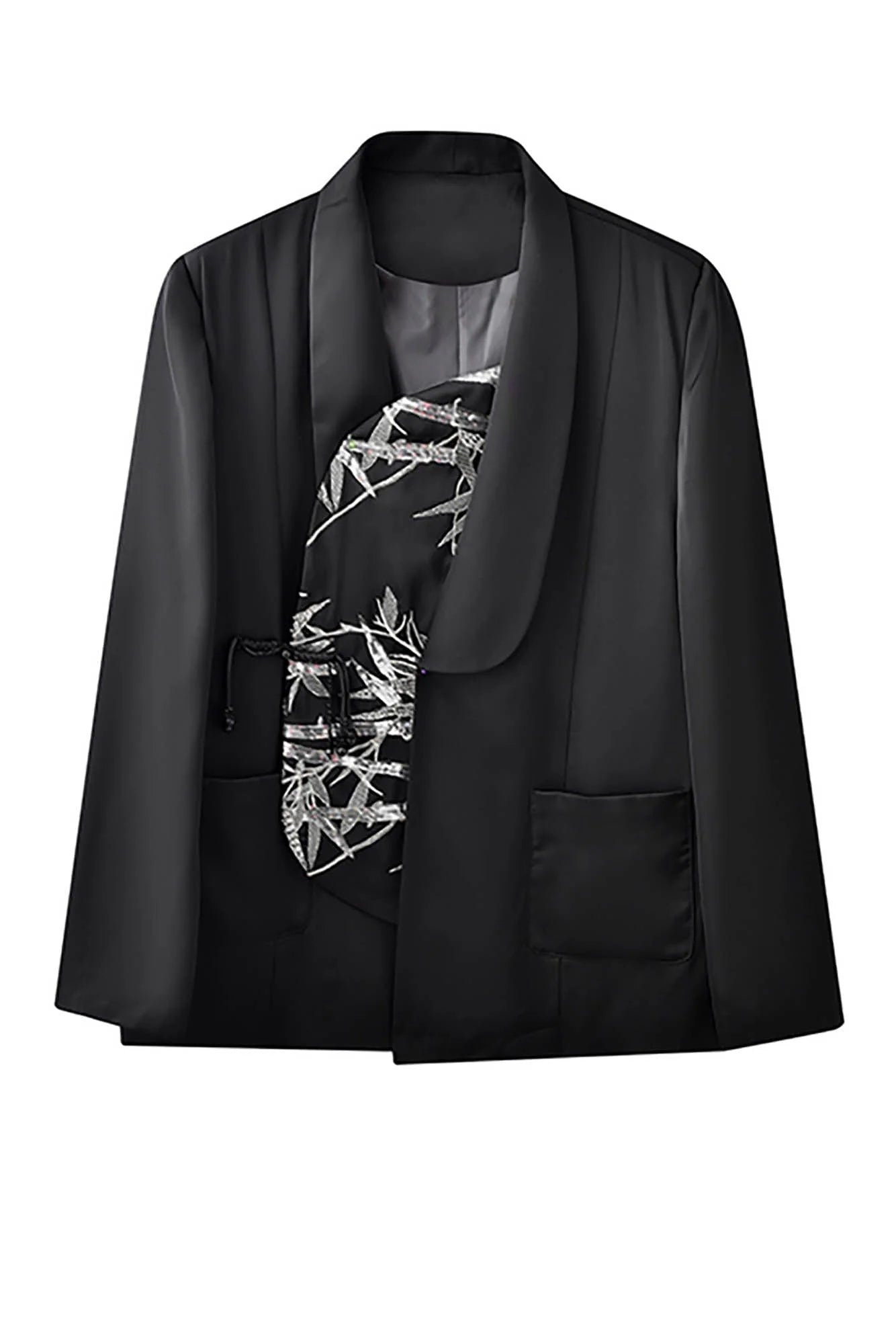 JIECHI Silver Bamboo Embroidery Asymmetrical Placket Blazer
