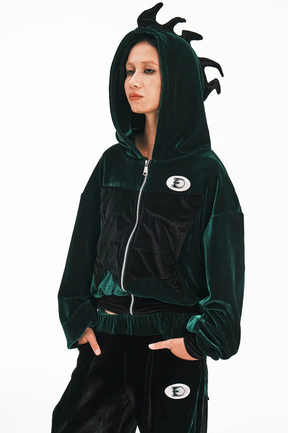 EMBRYO Dinosaur Velvet Cropped Zip-Up Hoodie