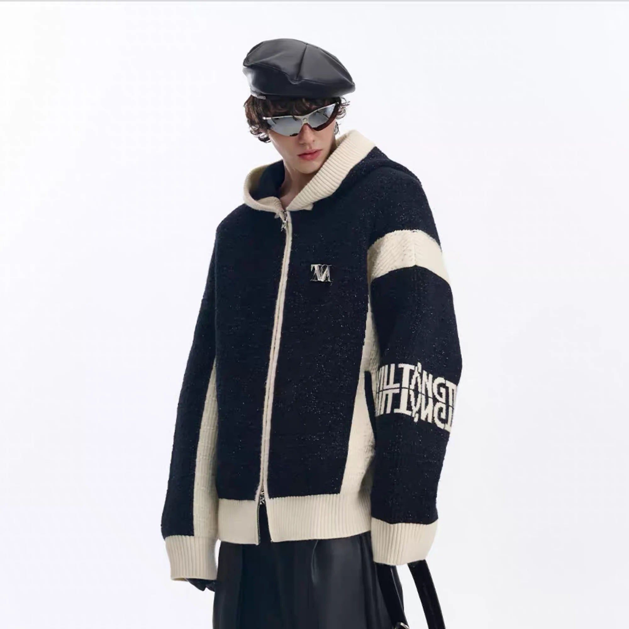 TIWILLTANG Contrast Trim Dual-Zip LOGO Chunky Knit Jacket