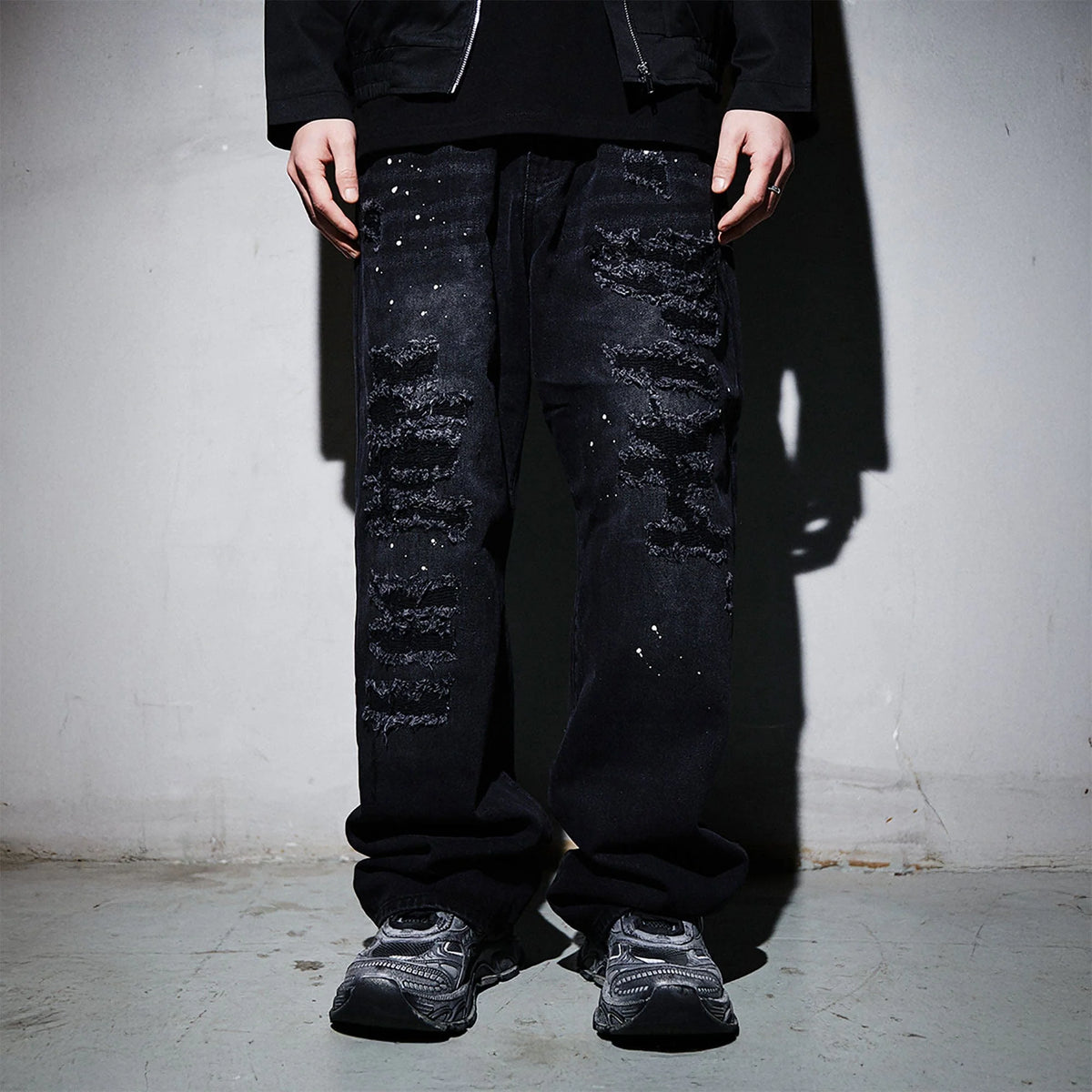 BLACK8MOB Ripped Splatter Straight-Leg Jeans