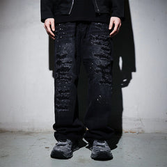 BLACK8MOB Ripped Splatter Straight-Leg Jeans