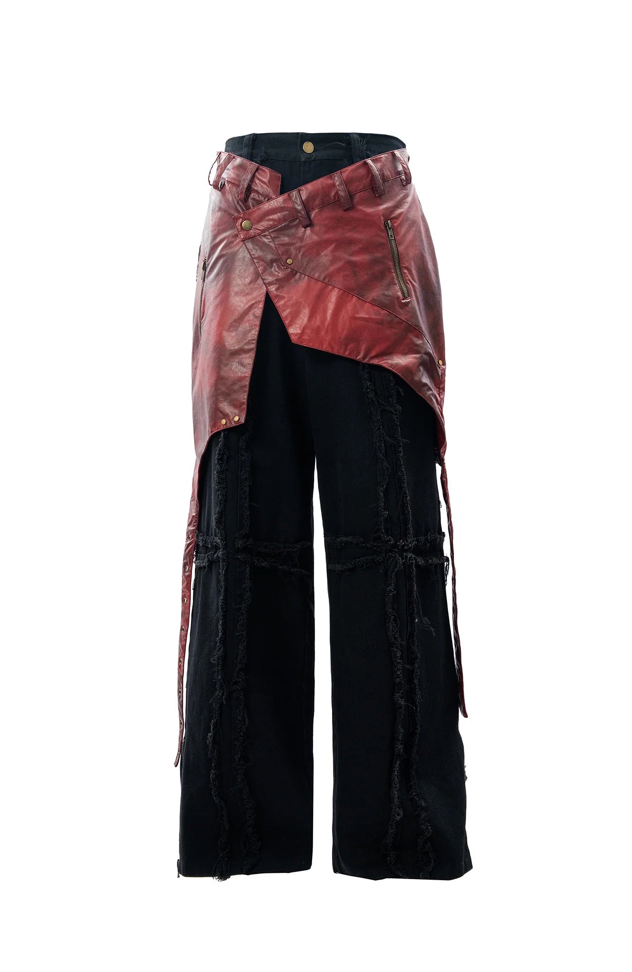 MOGONGSHE Detachable PU Drape  Frayed Cross Jeans