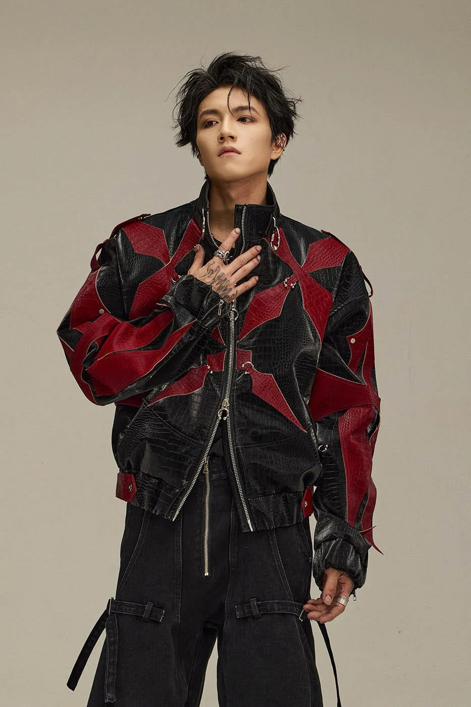 FLYERRER Four-Pointed Star Rivet Faux Feather Biker Jacket Red