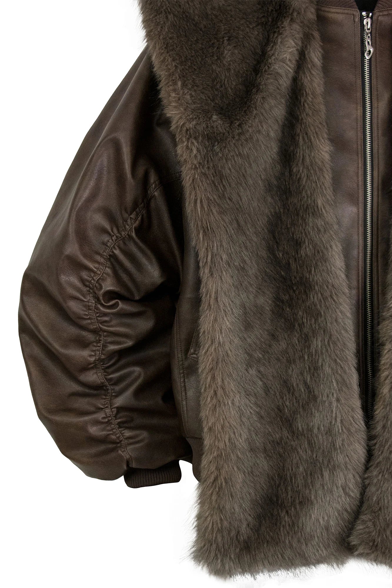 RELABEL Detachable Plush Scarf Ruched Hooded Jacket Brown