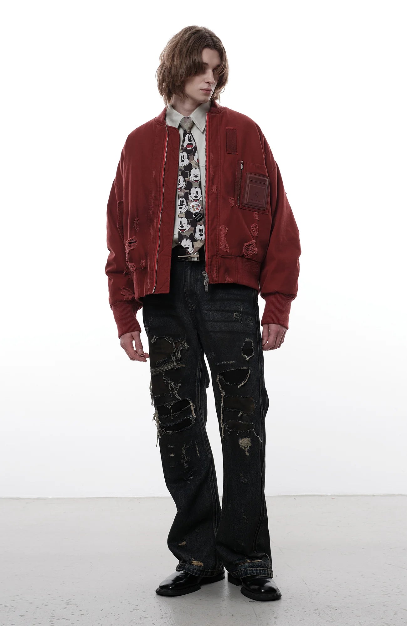 FACEONLAB Distressed Padded Bomber Jacket