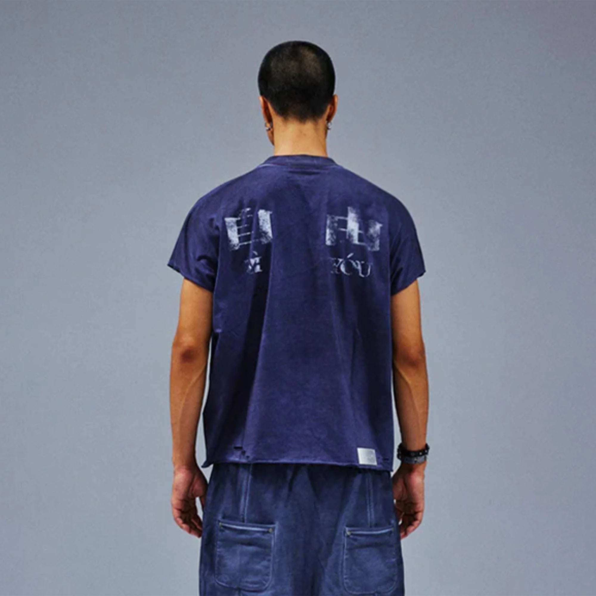 TECNINEGROUP Distressed Blue-Dyed Graphic T-Shirt