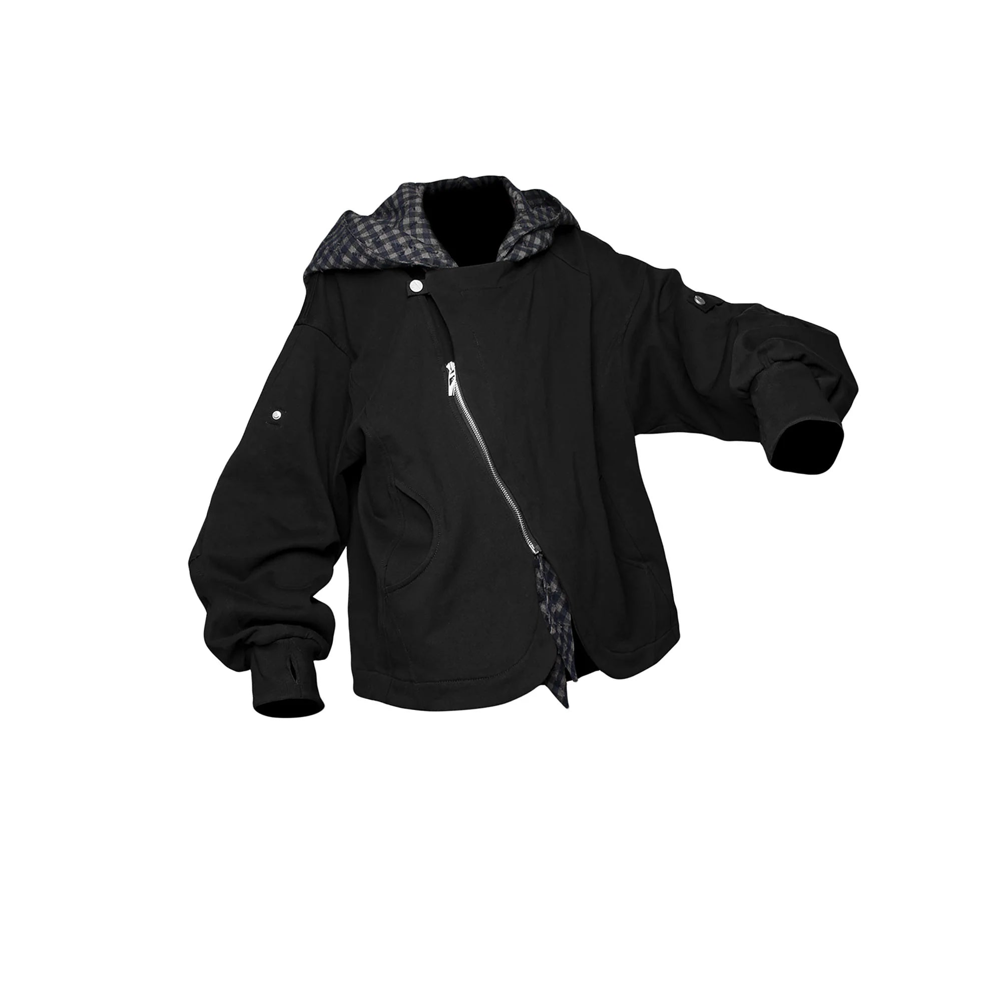 RELABEL Detachable Plaid Hood Jacket Black