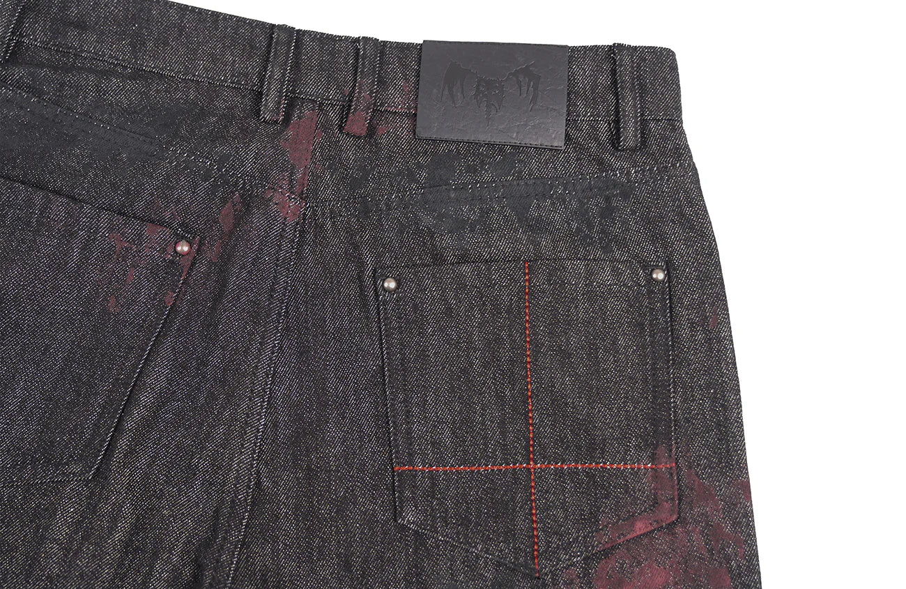 UNDERWATER Bloodstained Raw Flared Denim Pants