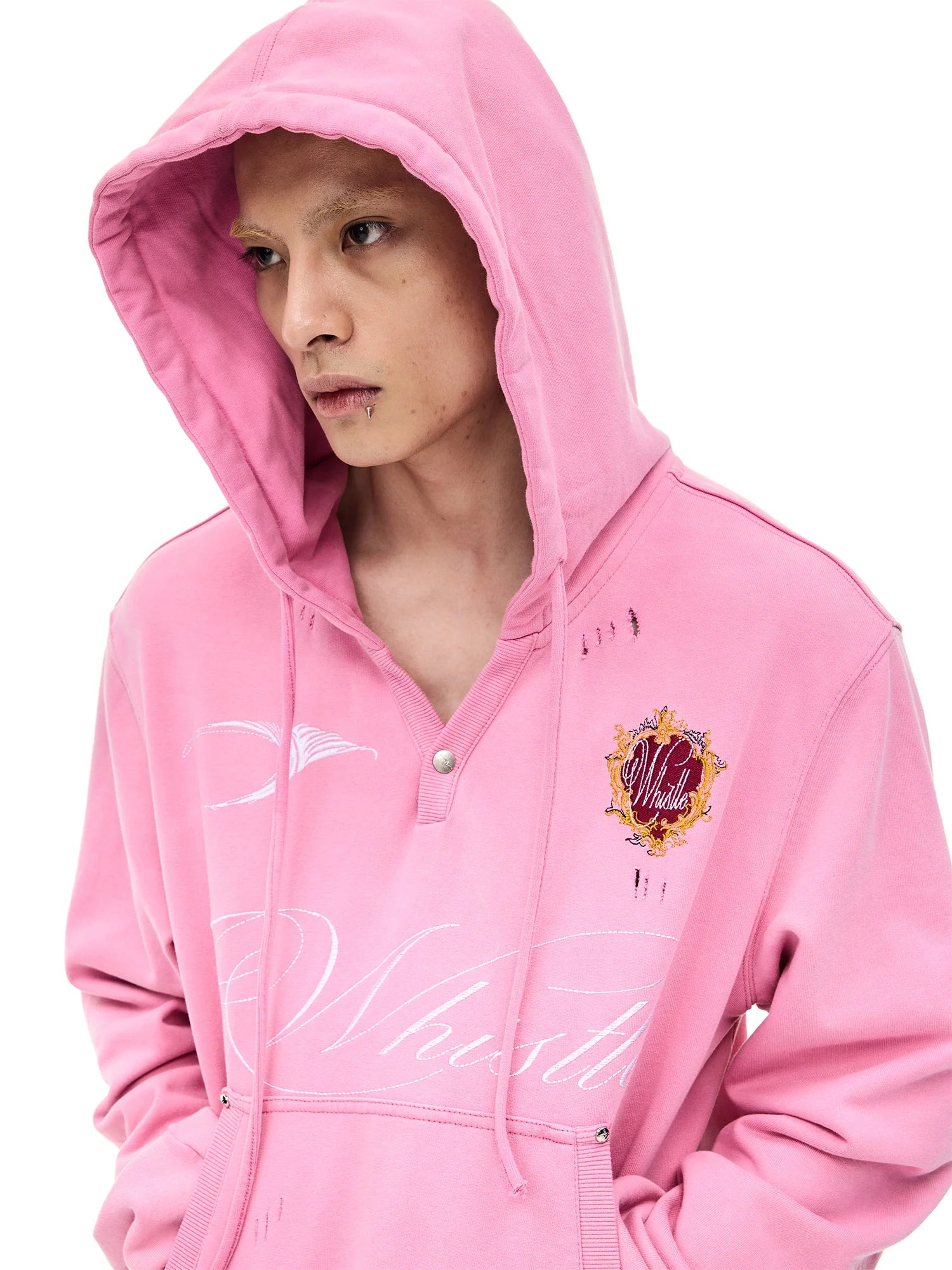 WHISTLEHUNTER Distressed Embroidered V-Neck Hoodie