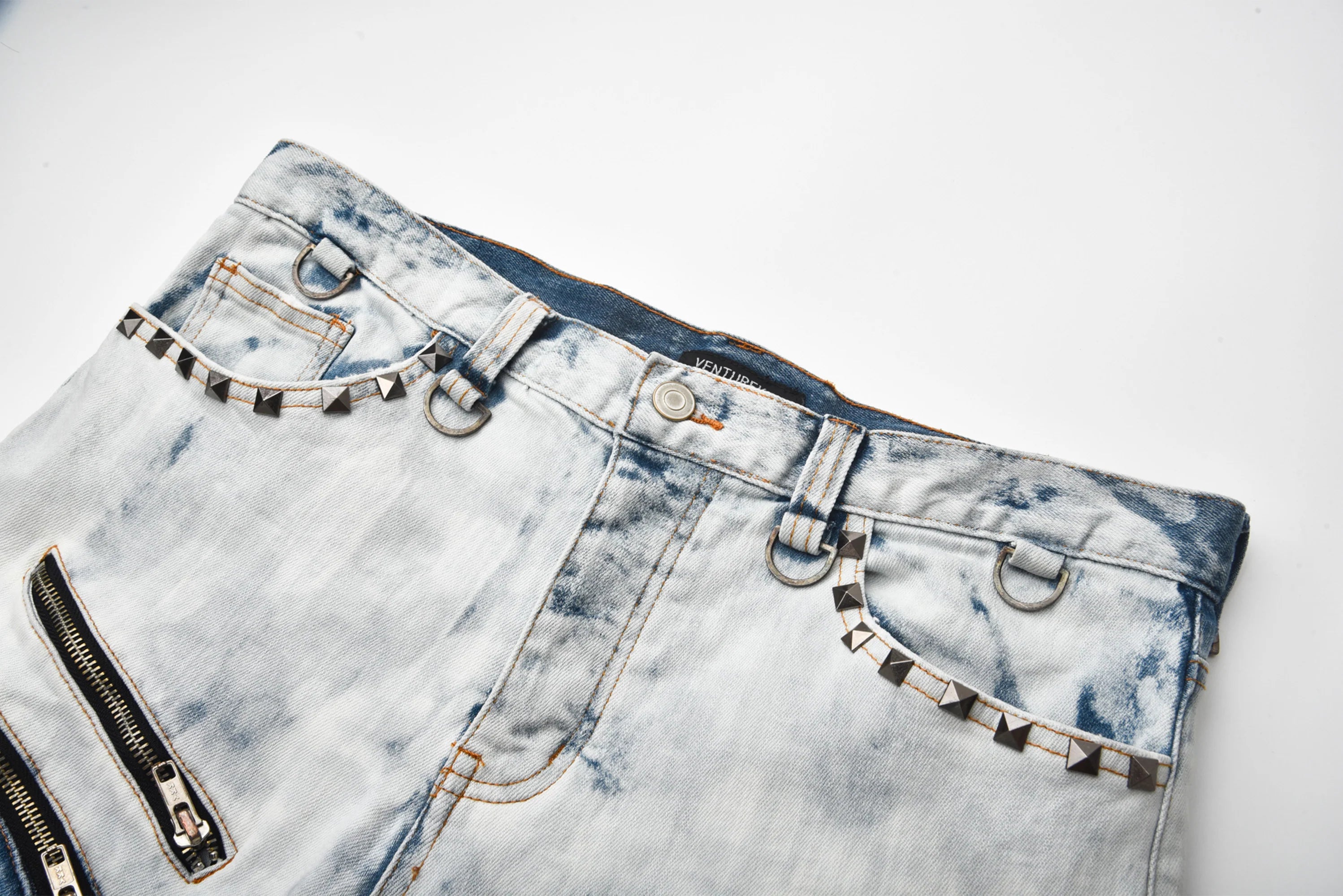 VENTUREK Distressed Washed Zippered Studded Slim Jeans