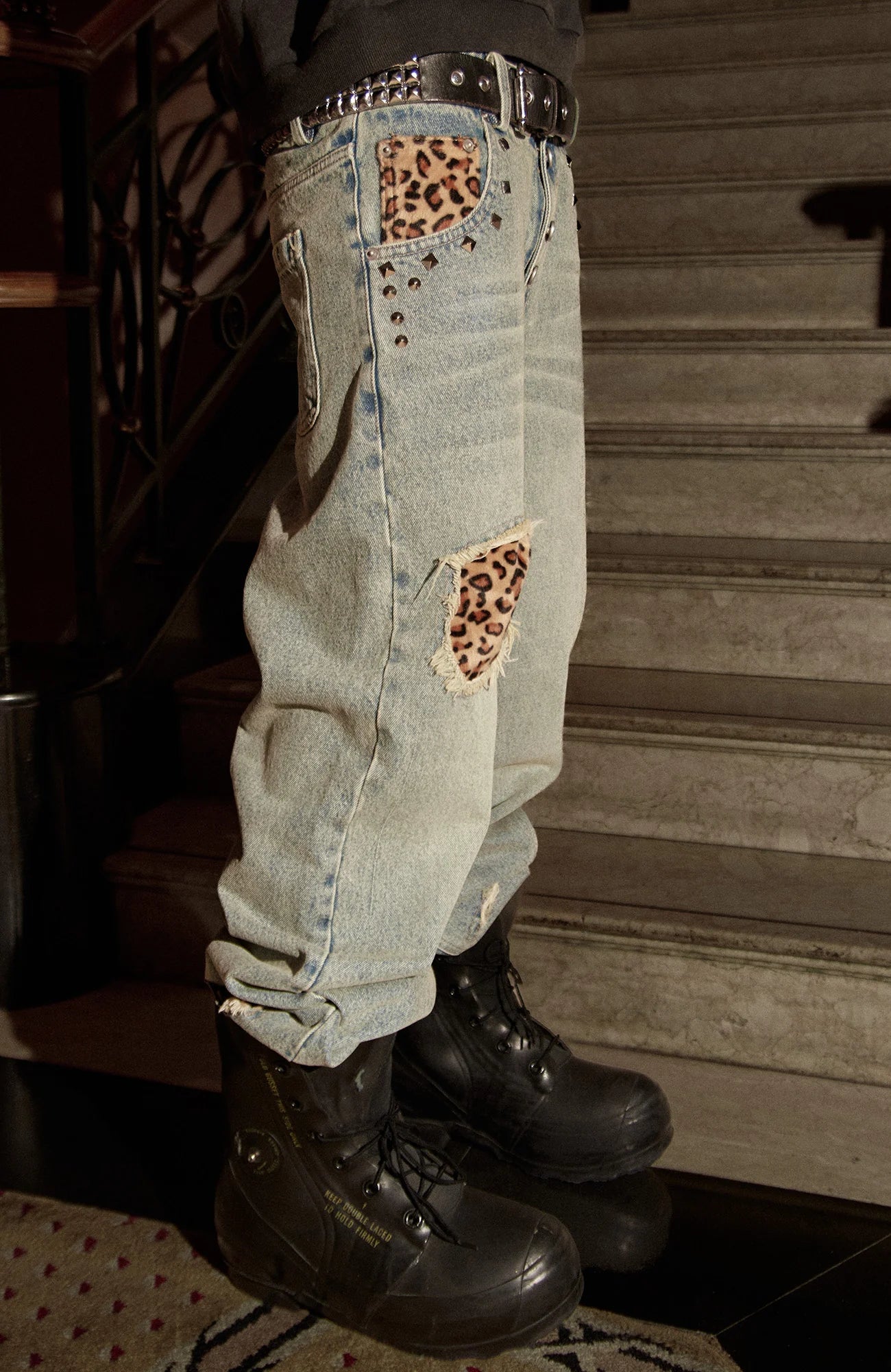 PHANTOMHUNTER Washed Leopard Patch Baggy Jeans