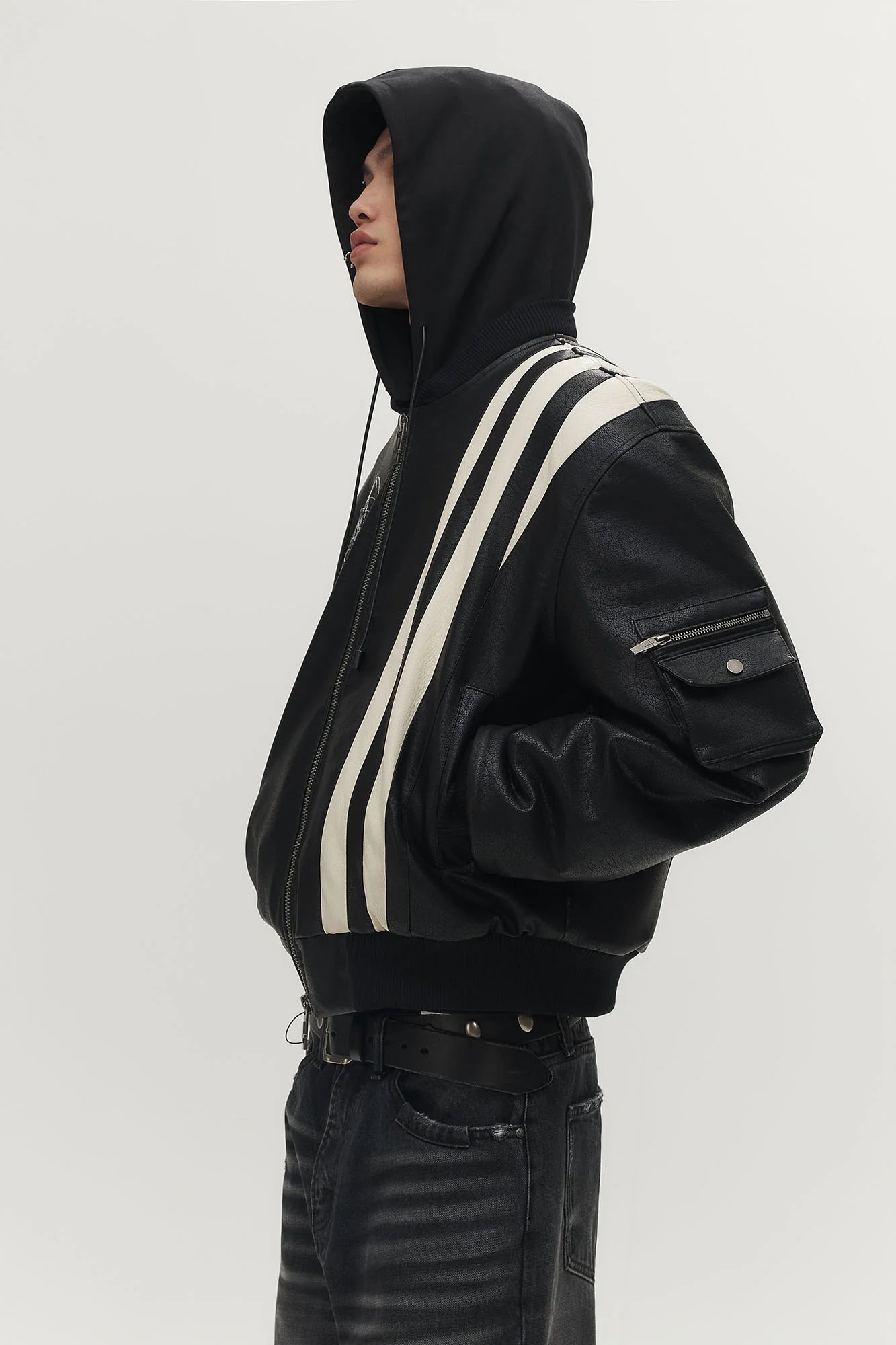 SAVAGEGROWTHWORLD Striped Faux Leather Padded Bomber Jacket