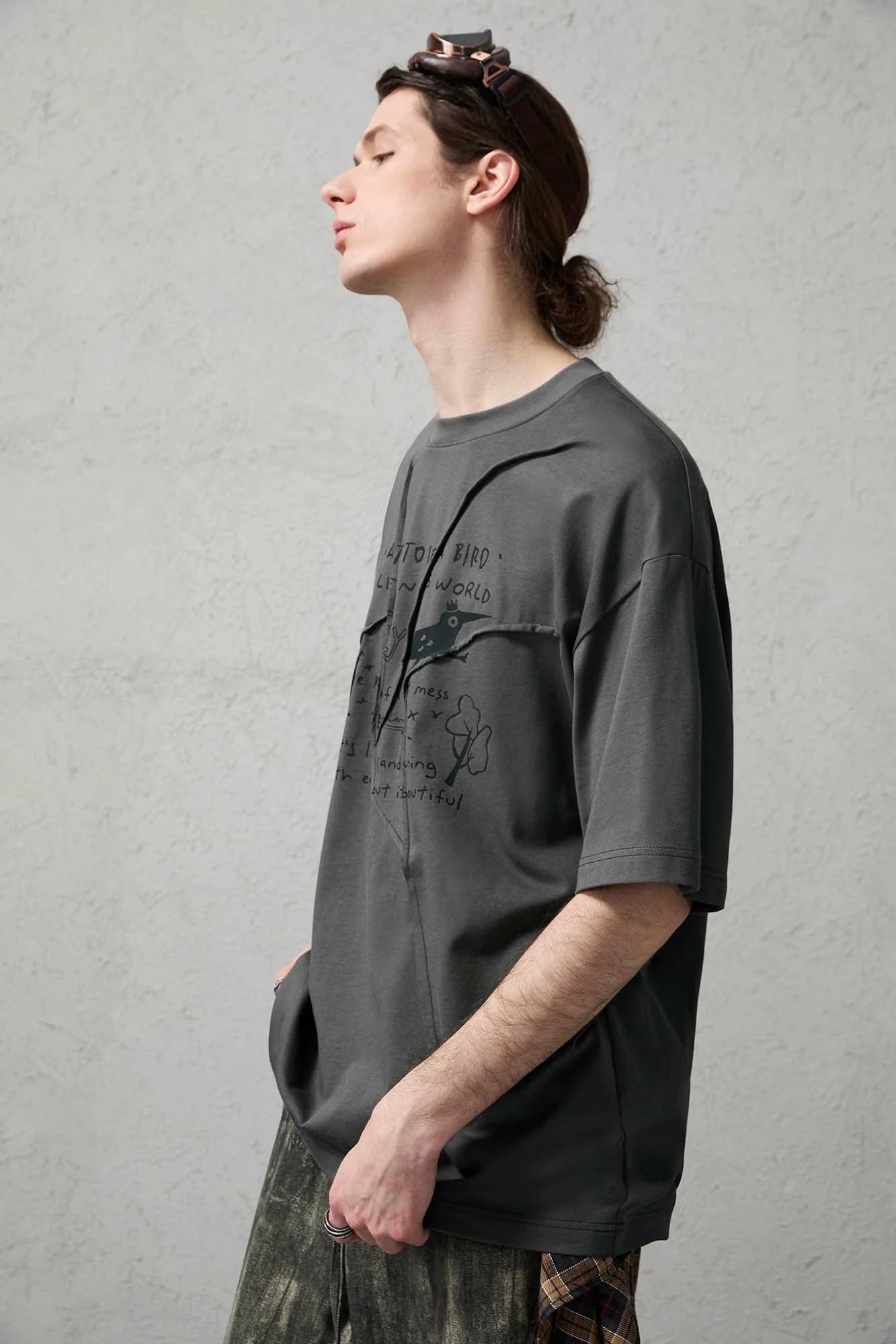 ORGANIC EMOTION Asymmetrical Pleated Script Graphic T-Shirt