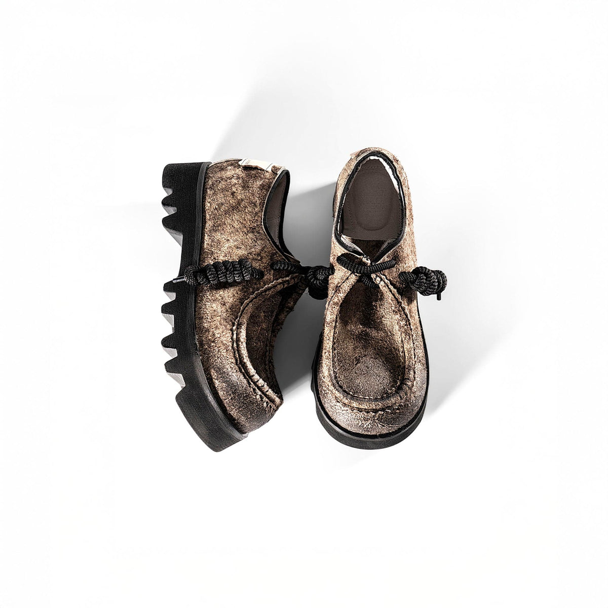 REWRITE Distressed Texture Cowhide Rope-Tied Chunky Big-Toe Derbies