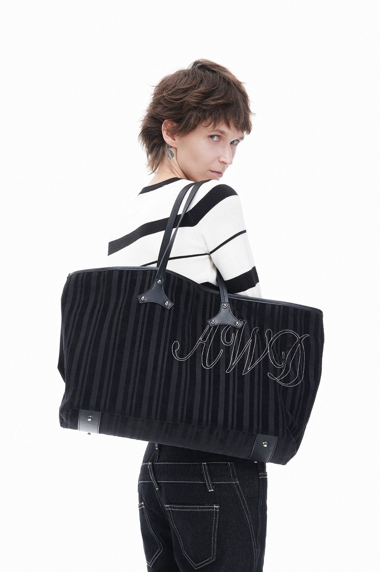ARTIFICIAL WORLD Corduroy Leather-Panel Embroidered Tote Bag