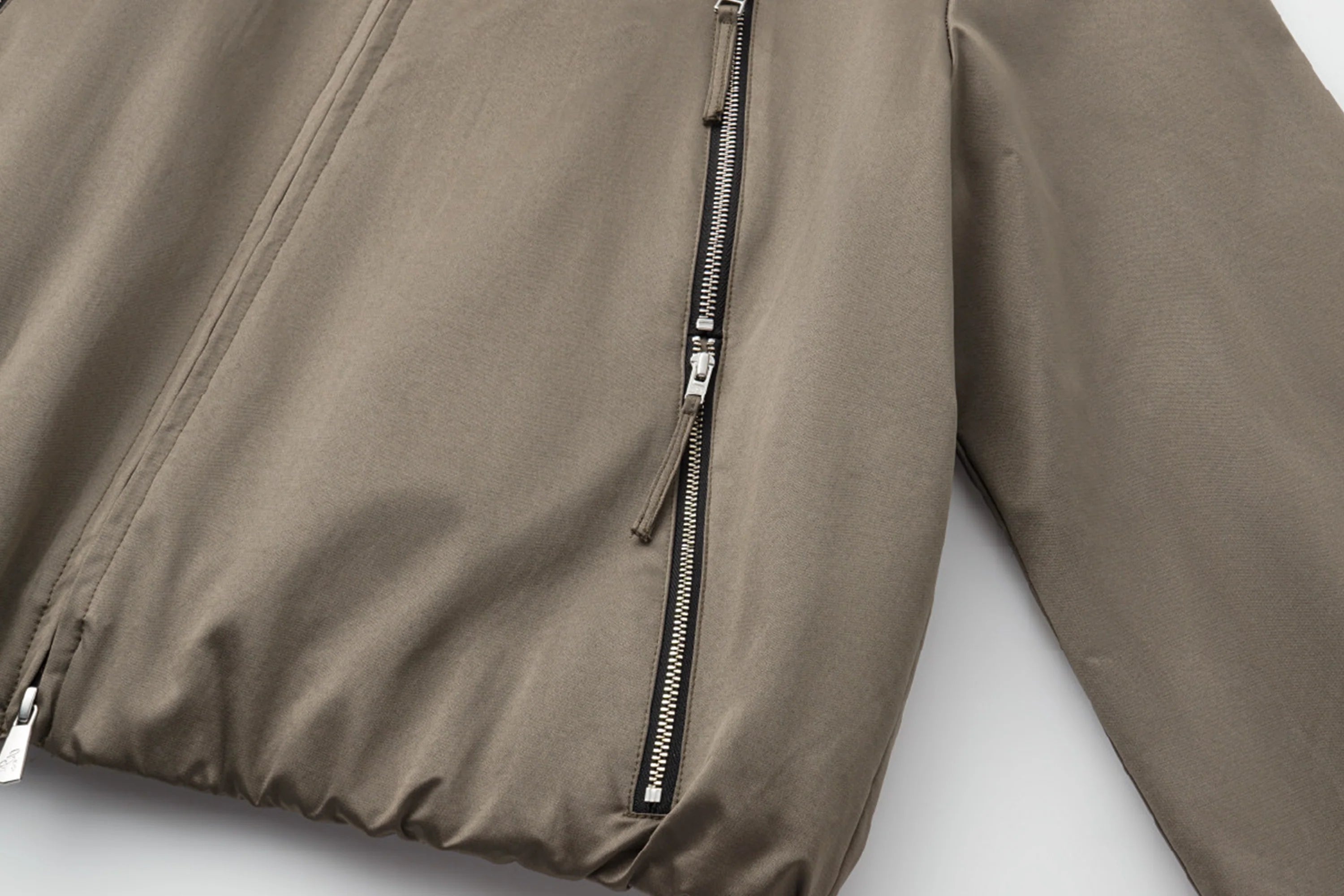 ALVNG AR ANTS Ruched-Sleeve Dual-Zips Bomber Jacket