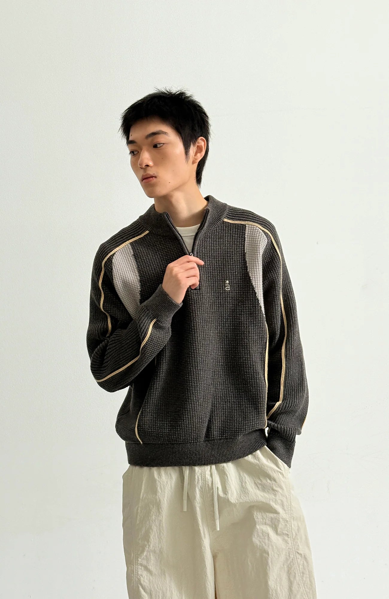 ROARINGWILD A ARCH Contrast Panel Raglan Half-Zip Sweater