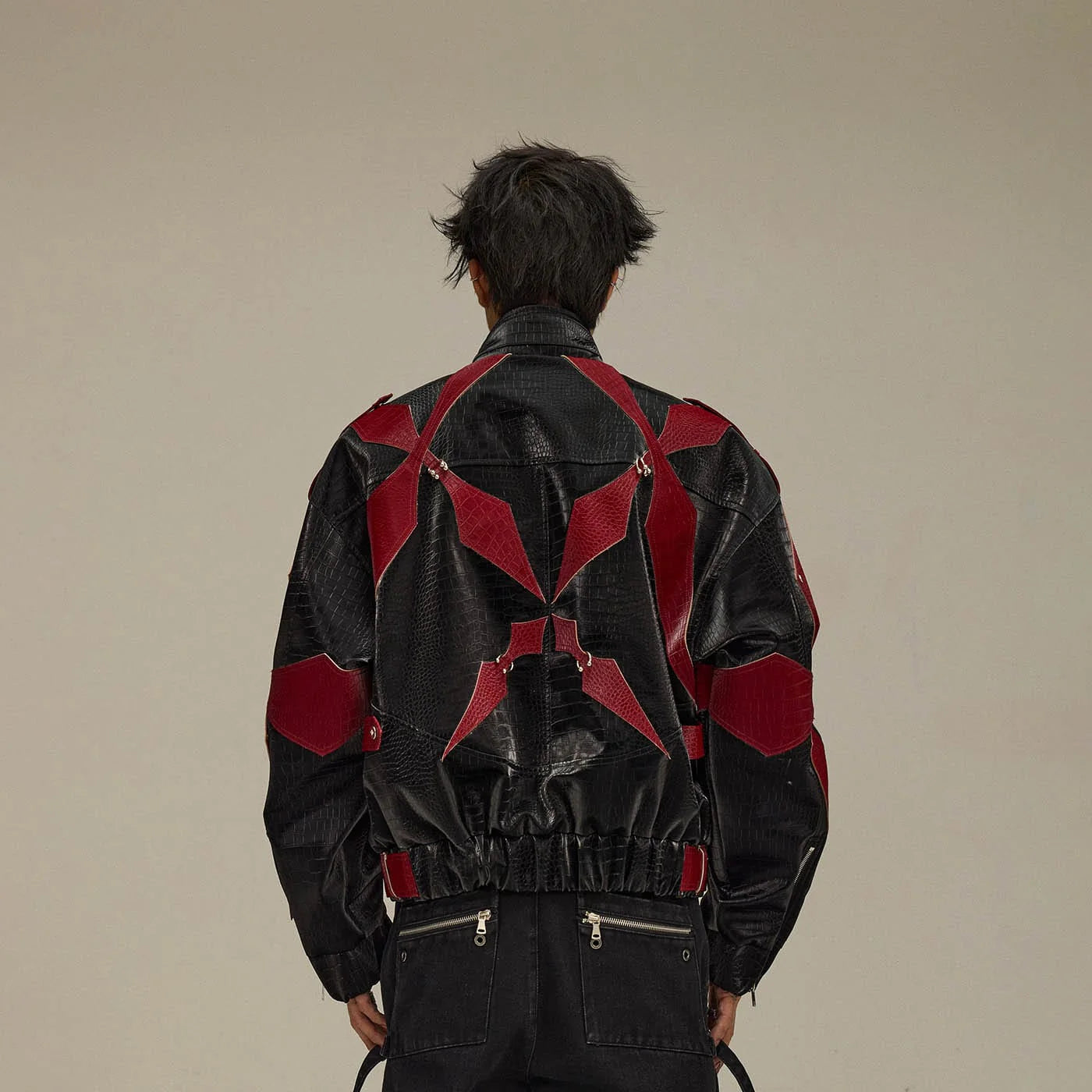 FLYERRER Four-Pointed Star Rivet Faux Feather Biker Jacket Red