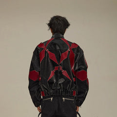 FLYERRER Four-Pointed Star Rivet Faux Feather Biker Jacket Red