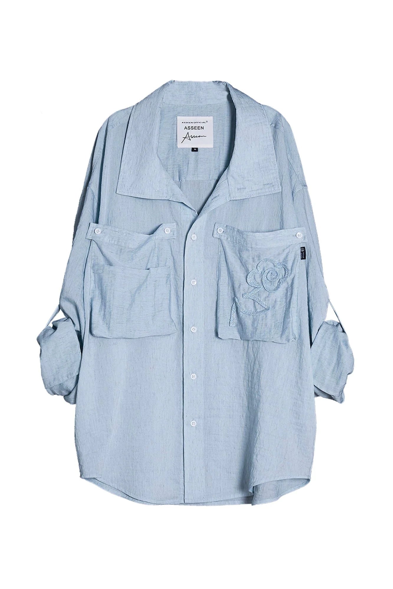 ASSEEN Rose Embroidered Pocket Linen-Blended Overshirt