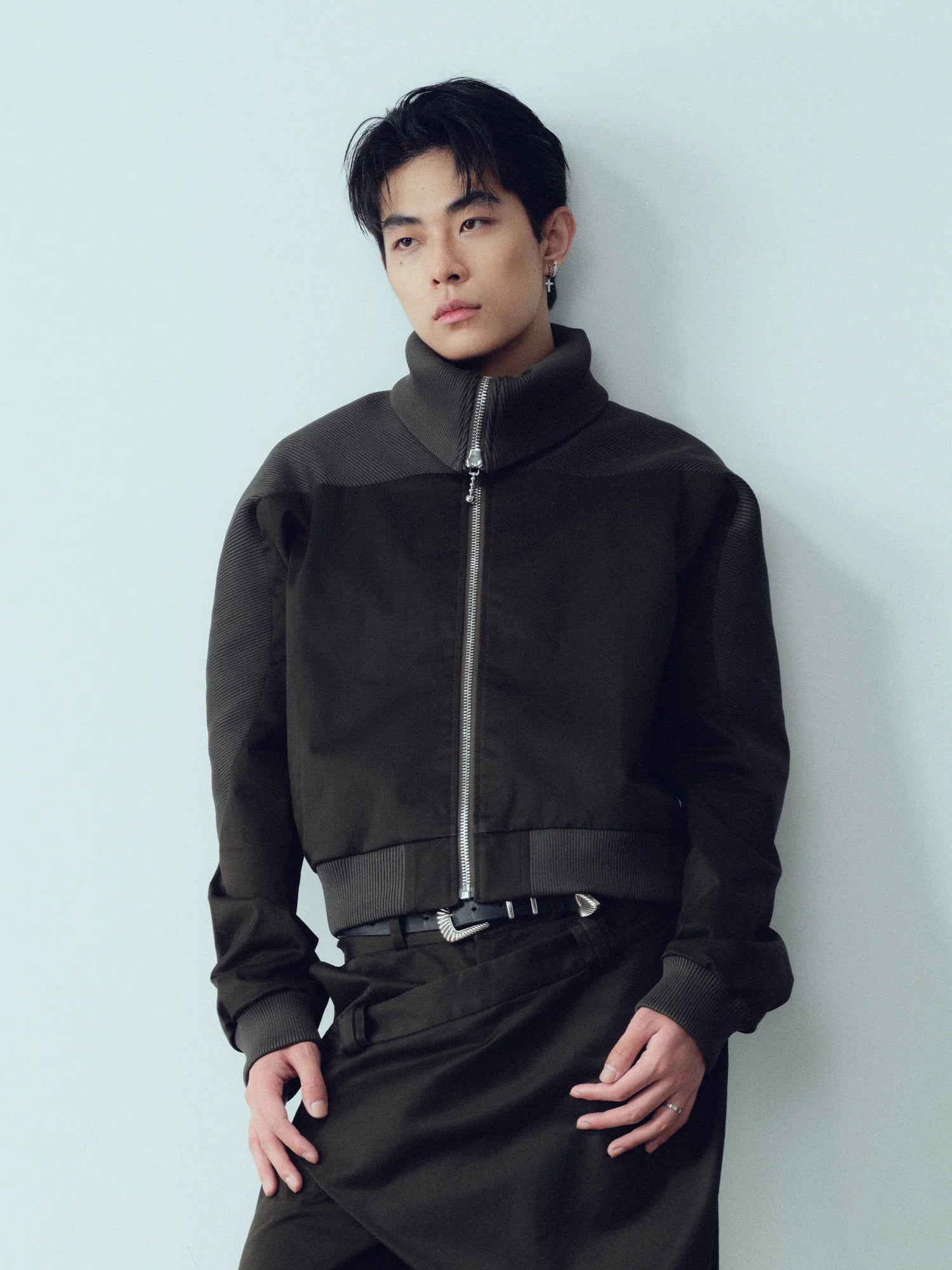 KADAKADA Rib-Spliced Stand-Collar Cropped Jacket