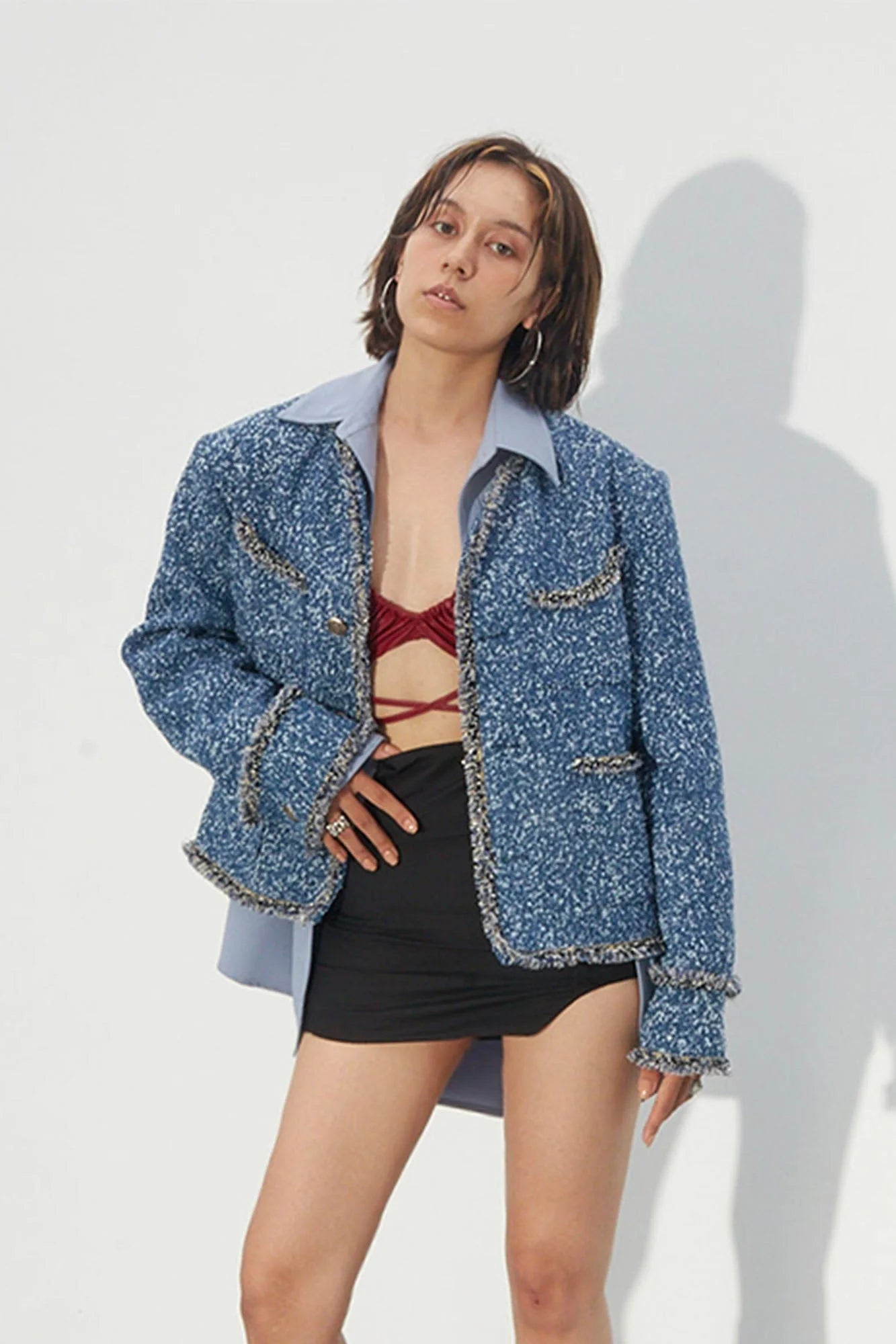 ASSEEN Washed Fringe Tweed Denim Jacket