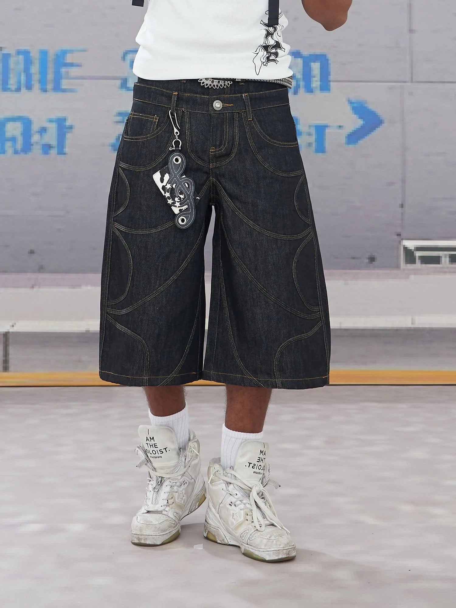 DND4DES Batwing Spliced Double-Waistband Raw Denim Shorts