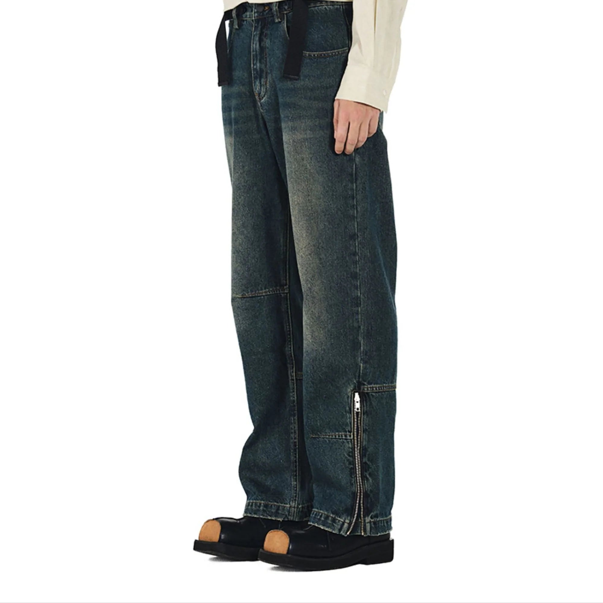 OVERLAPS Washed Knee-Seam Zippered Hem Jeans
