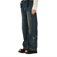 OVERLAPS Washed Knee-Seam Zippered Hem Jeans