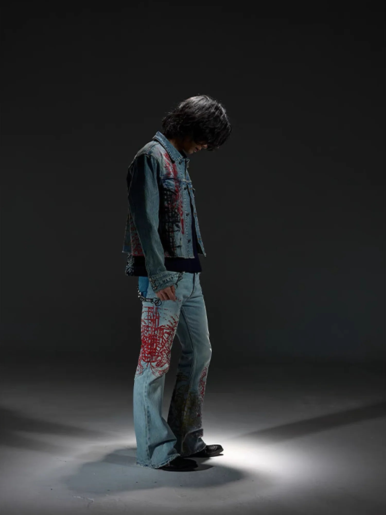 NOTHINGNESS WORLD Distressed Stamp-Print Flare Jeans