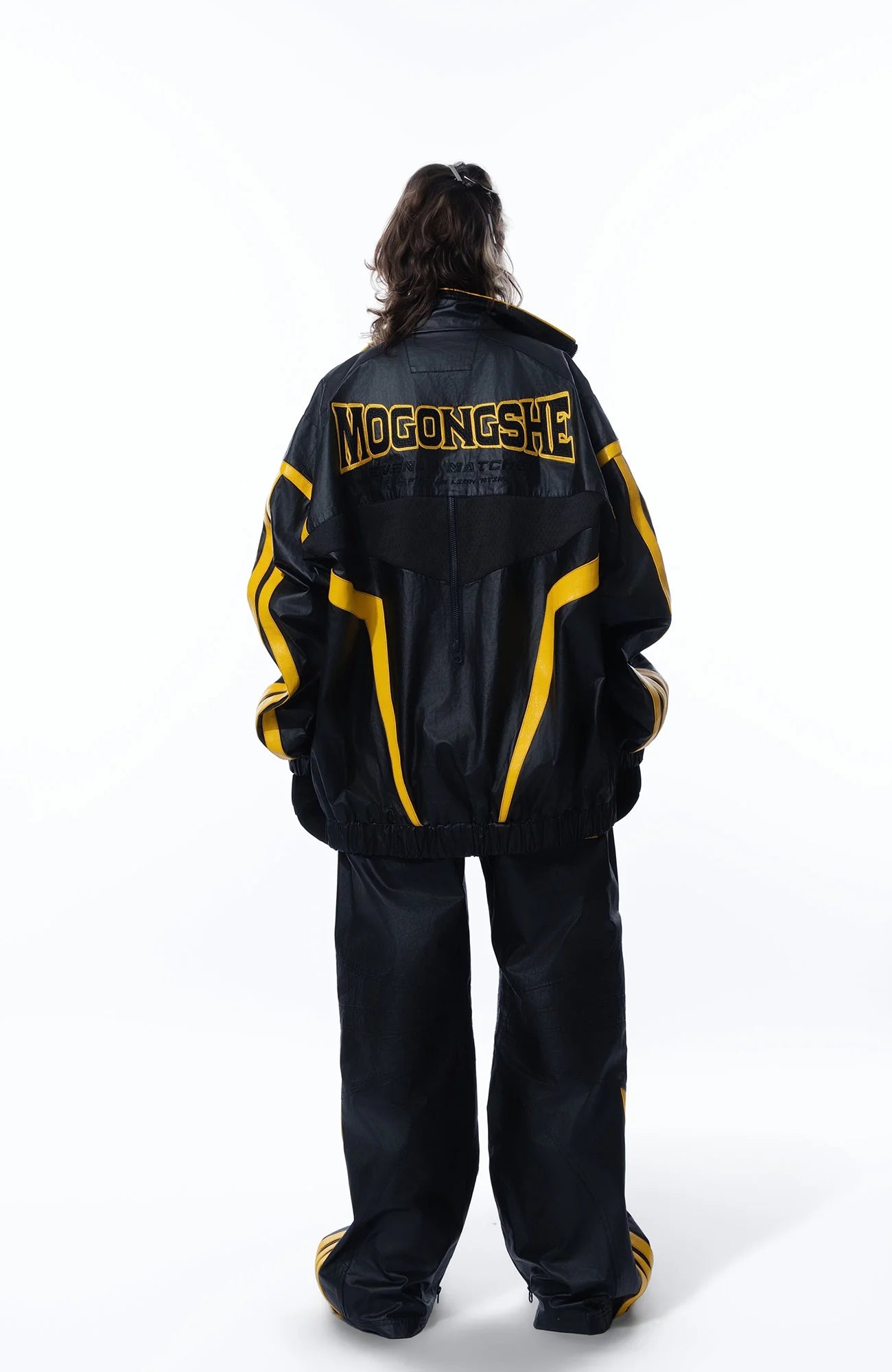 MOGONGSHE Contrast Stripe PU Wide-Leg Pants