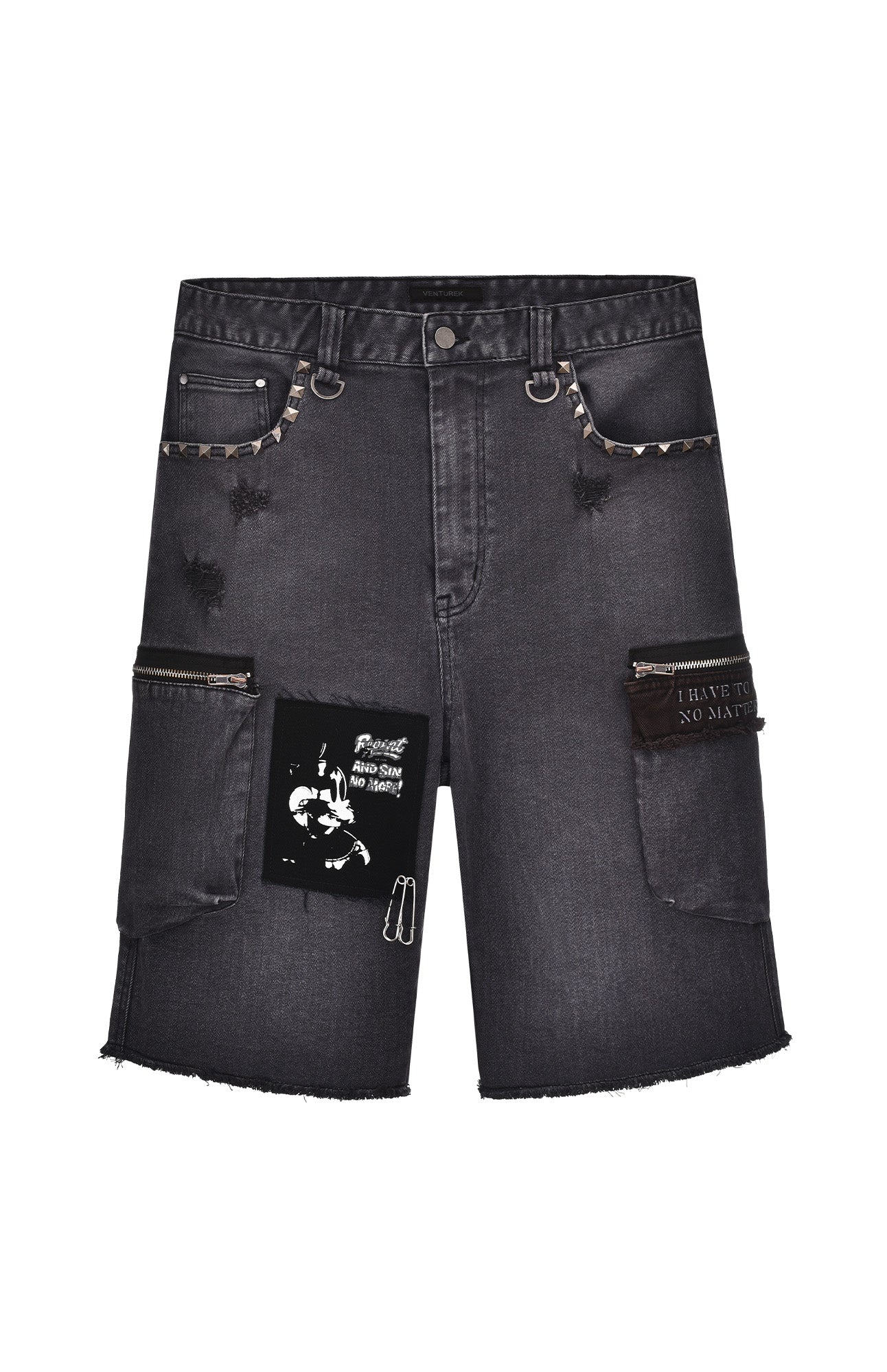VENTUREK Washed Patch Studded Raw-Edge Shorts
