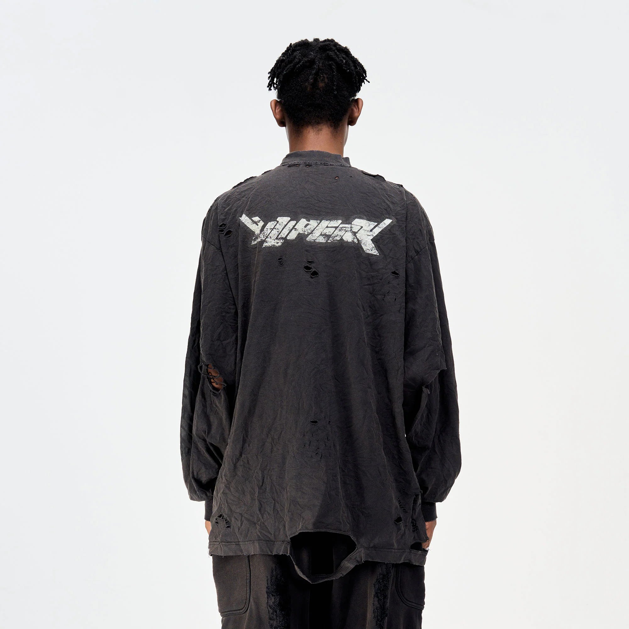 ULIPERY Distressed Glow Crinkled Long Sleeve Tee