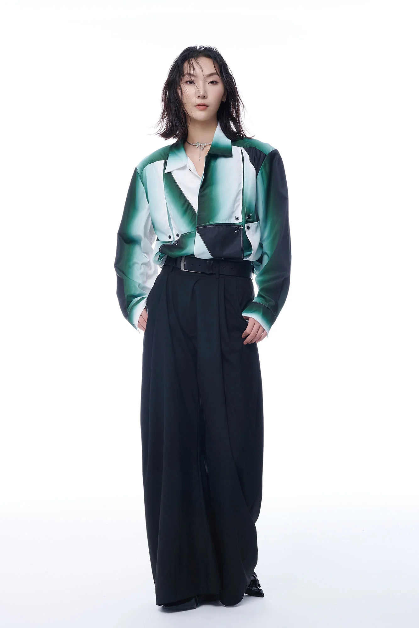 TUIMU Gradient Geometry Panel Acetate Shirt
