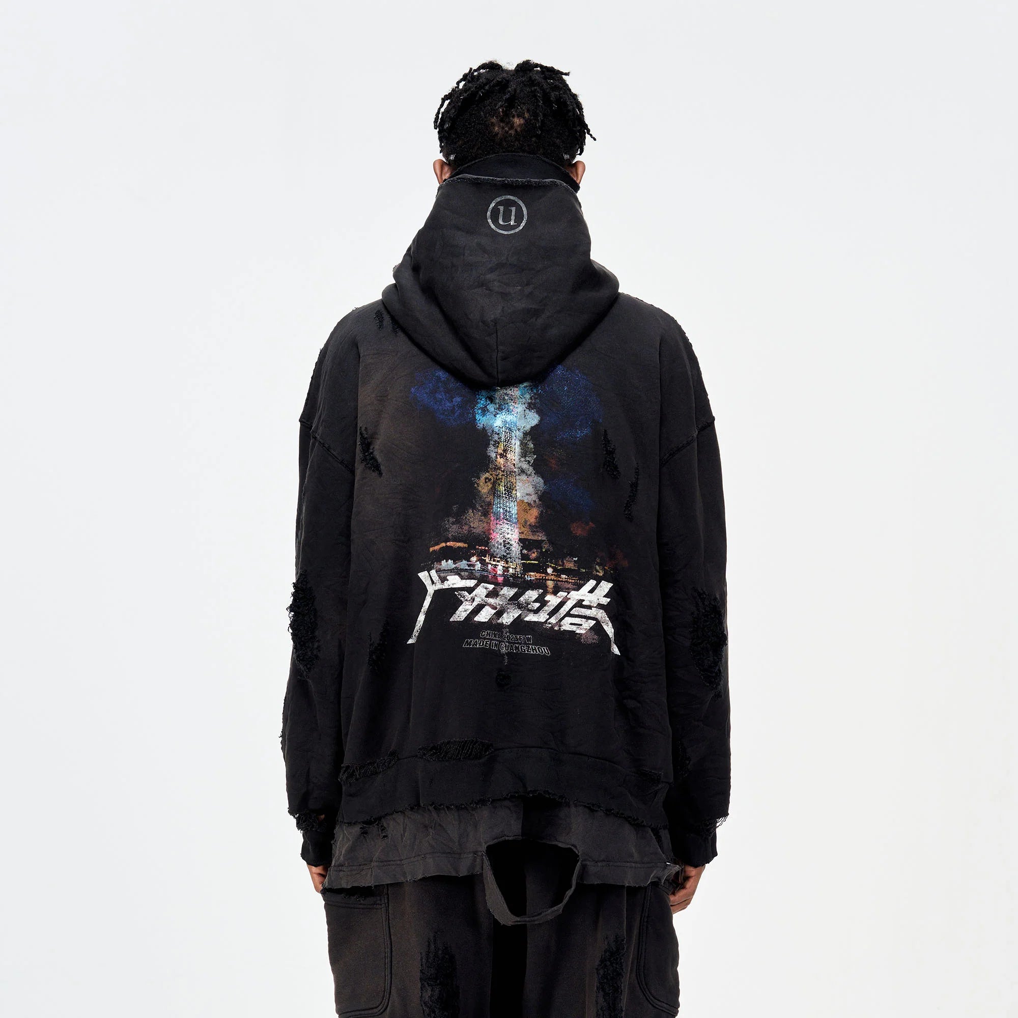 ULIPERY Distressed Glow Face-Cover Hooded Jacket