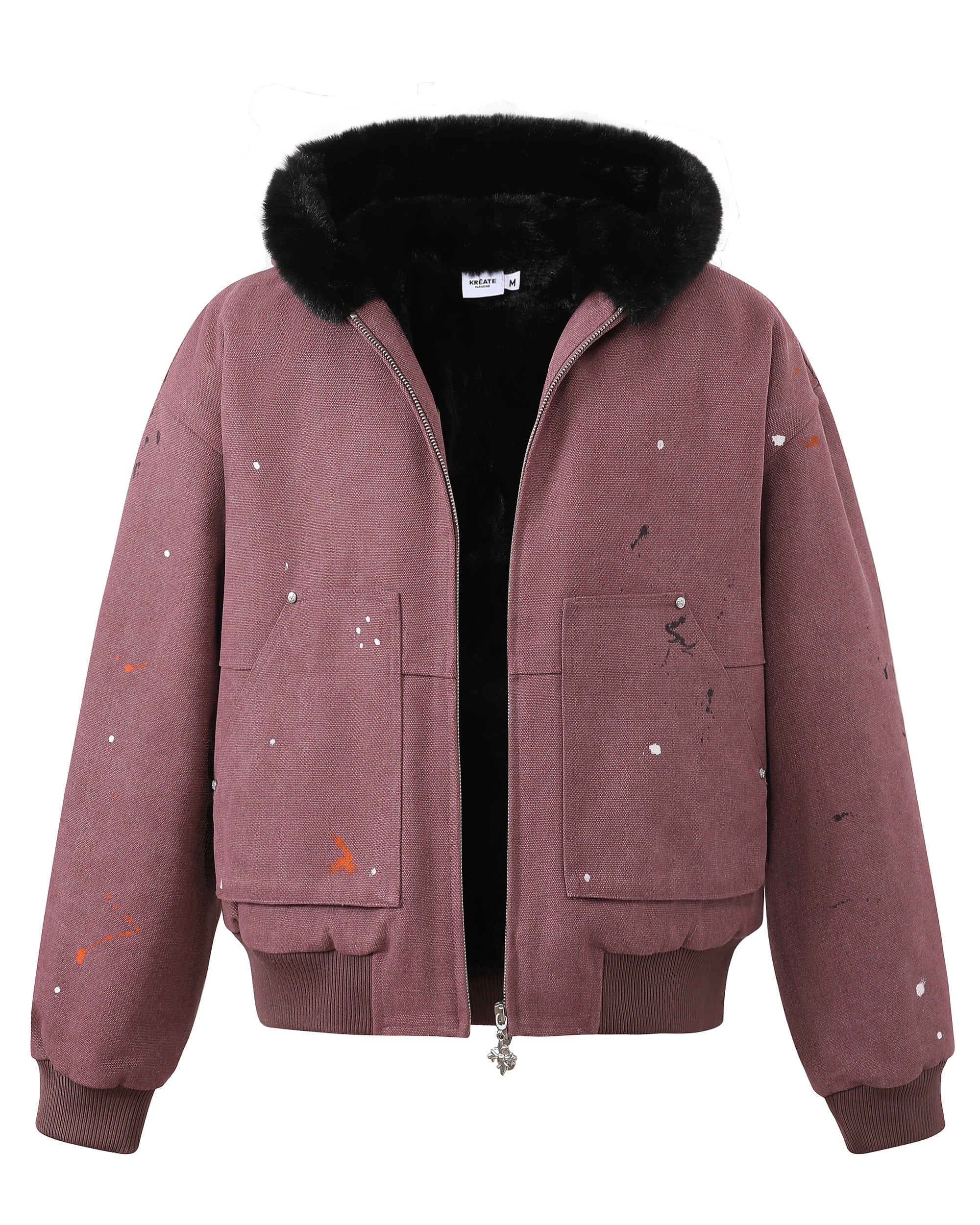 KREATE Rivet Zipper Paint-splattered Fleece-Lined Hooded Jacket