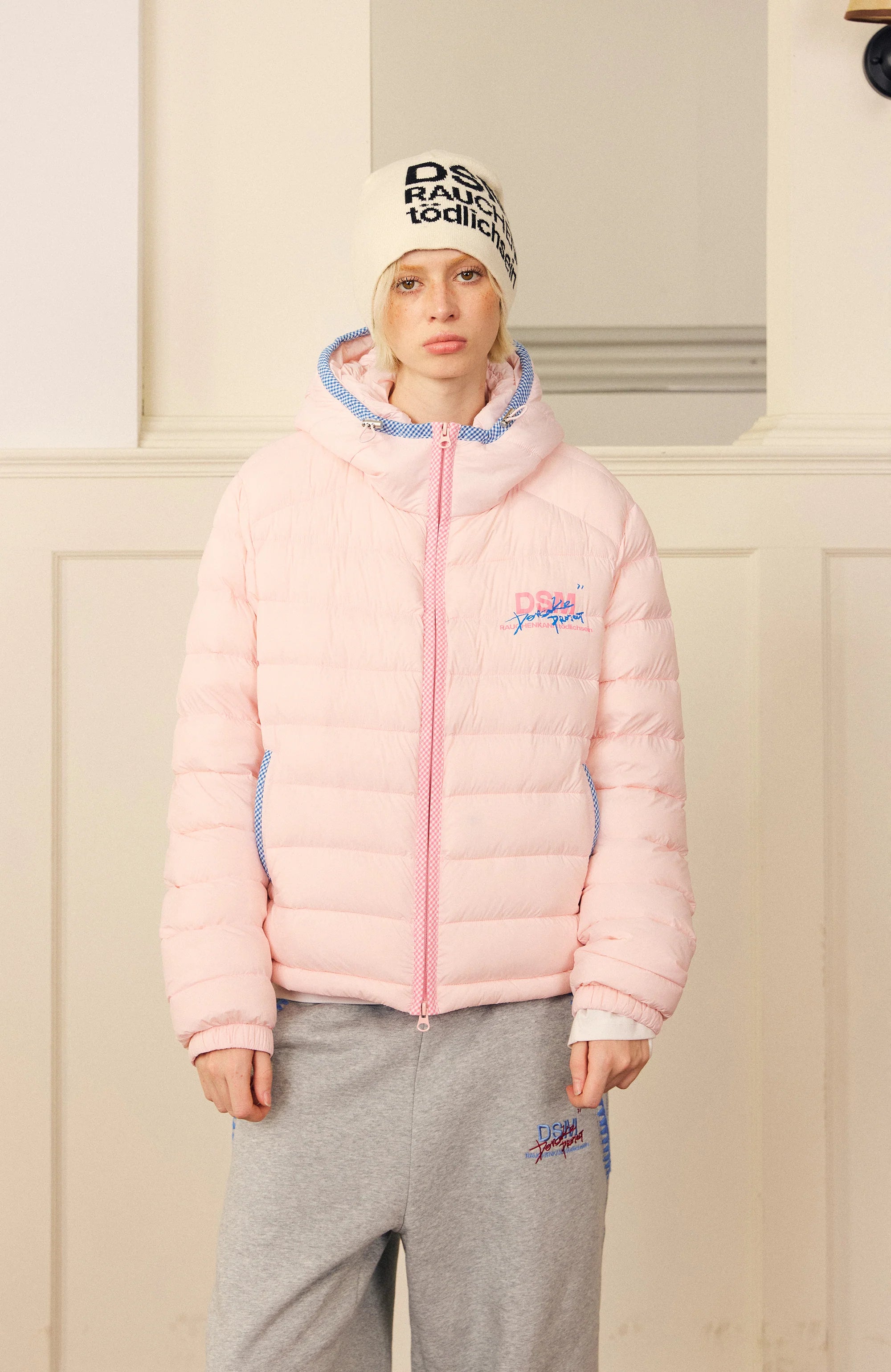 DONSMOKE Plaid Trim Hooded Down Puffer