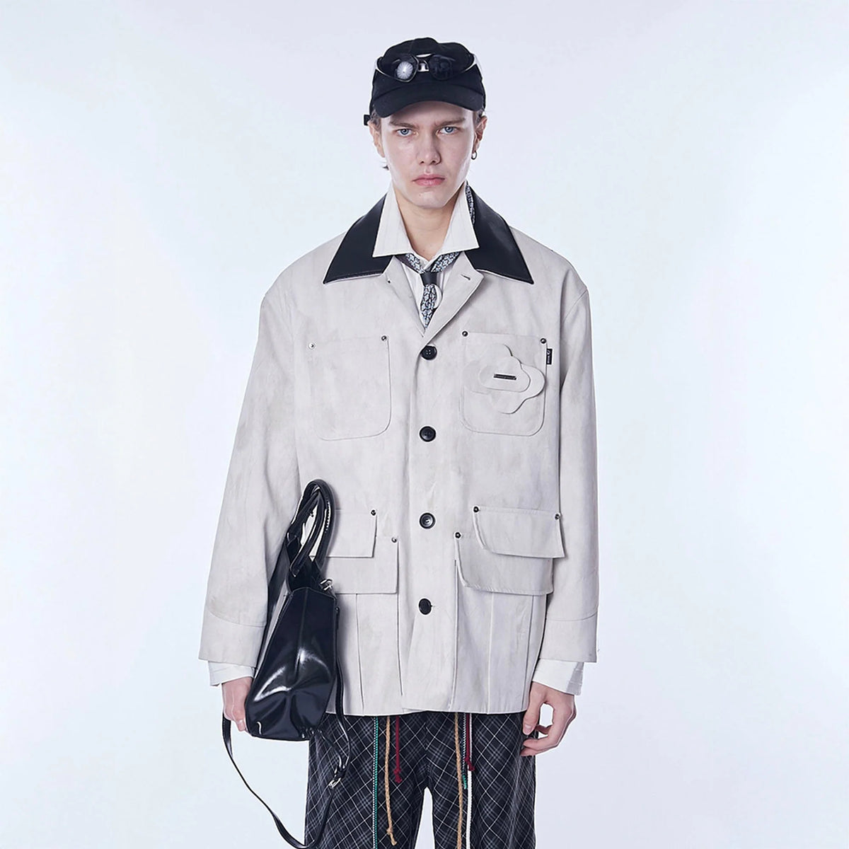 ASSEEN Distressed Panel Leather Collar Barn Jacket