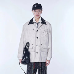 ASSEEN Distressed Panel Leather Collar Barn Jacket