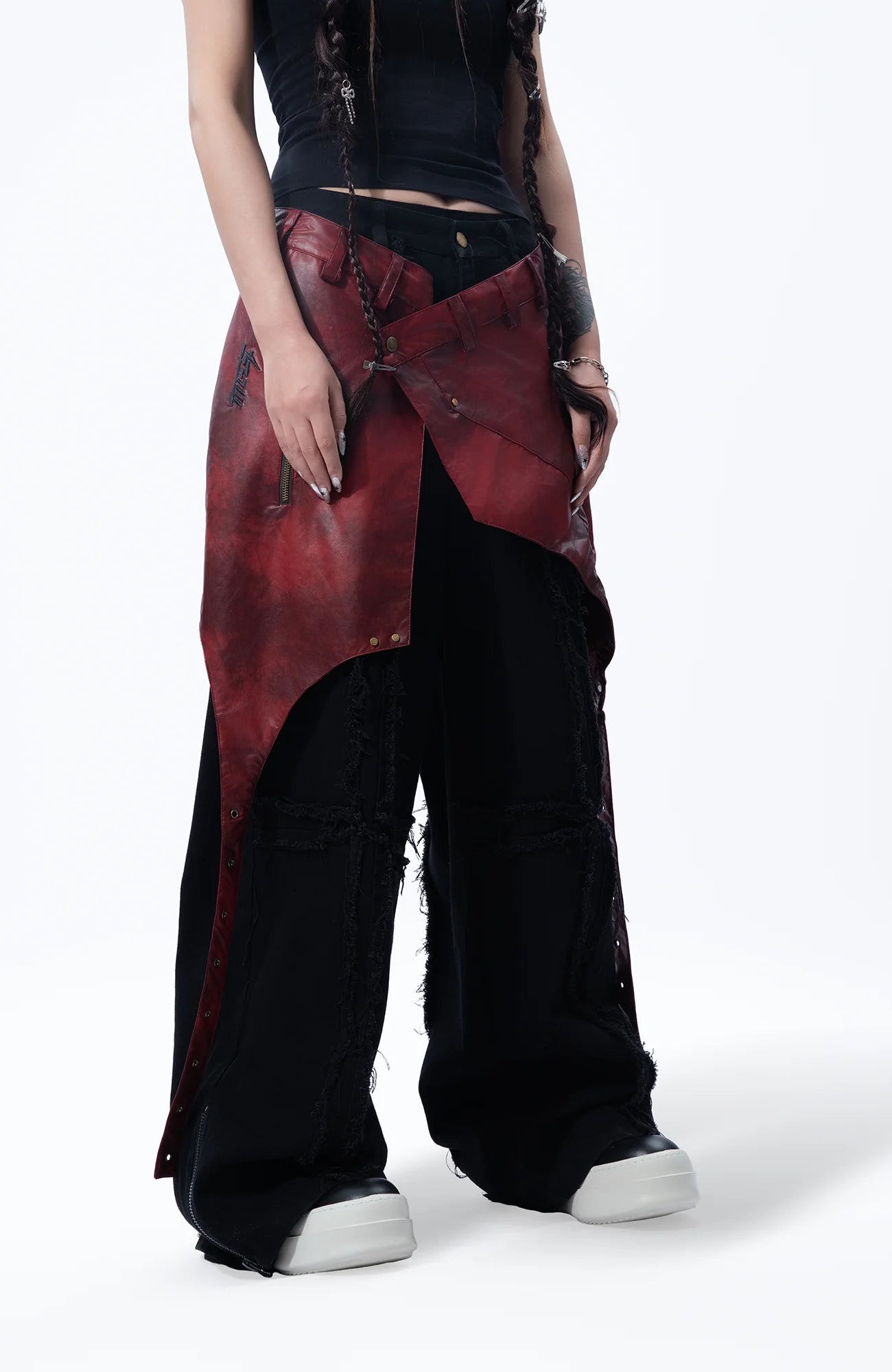 MOGONGSHE Detachable PU Drape  Frayed Cross Jeans