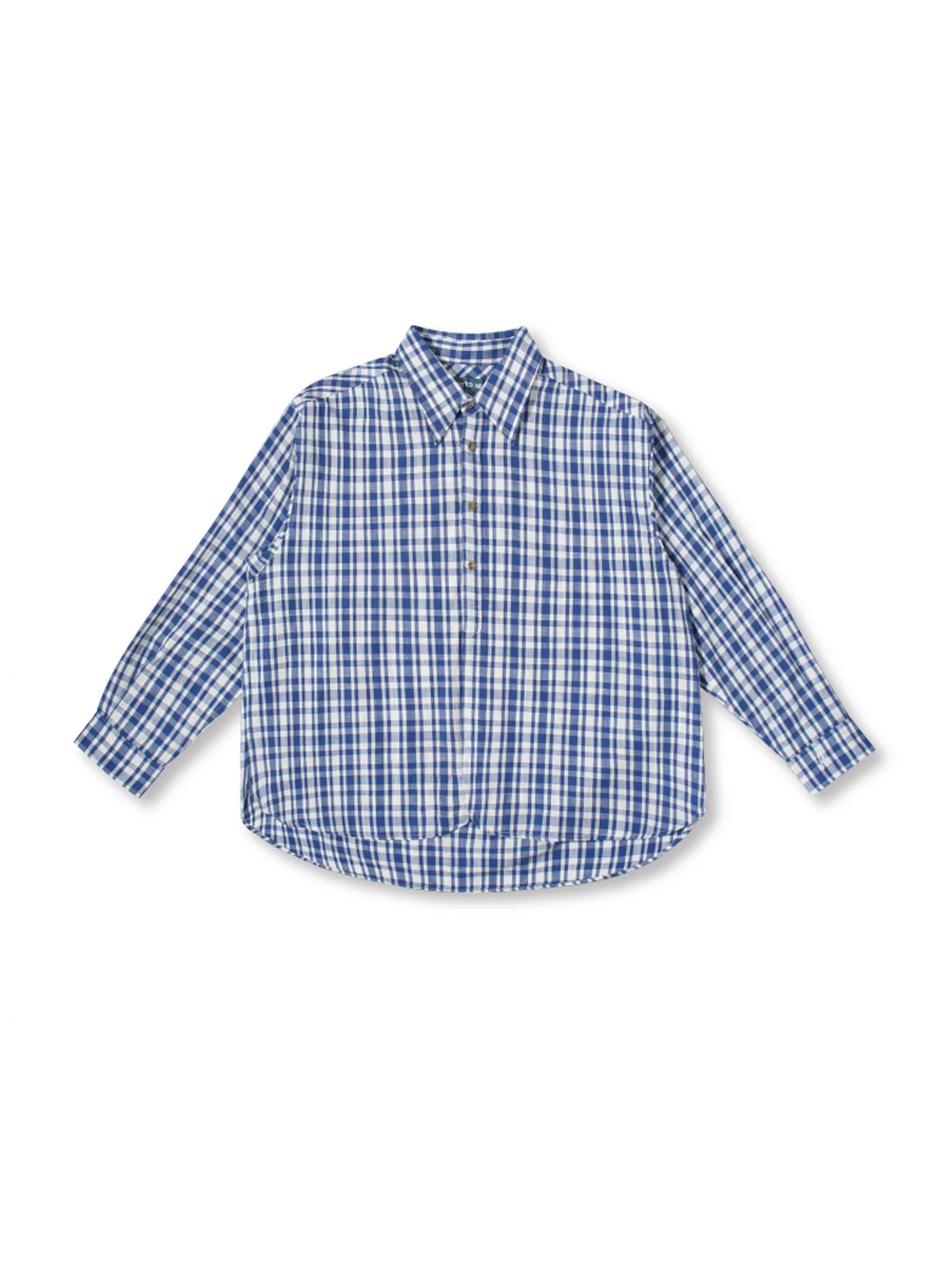 UNLIMITED MOTE Plaid Linen-Blend Half-Open Collar Shirt Blue
