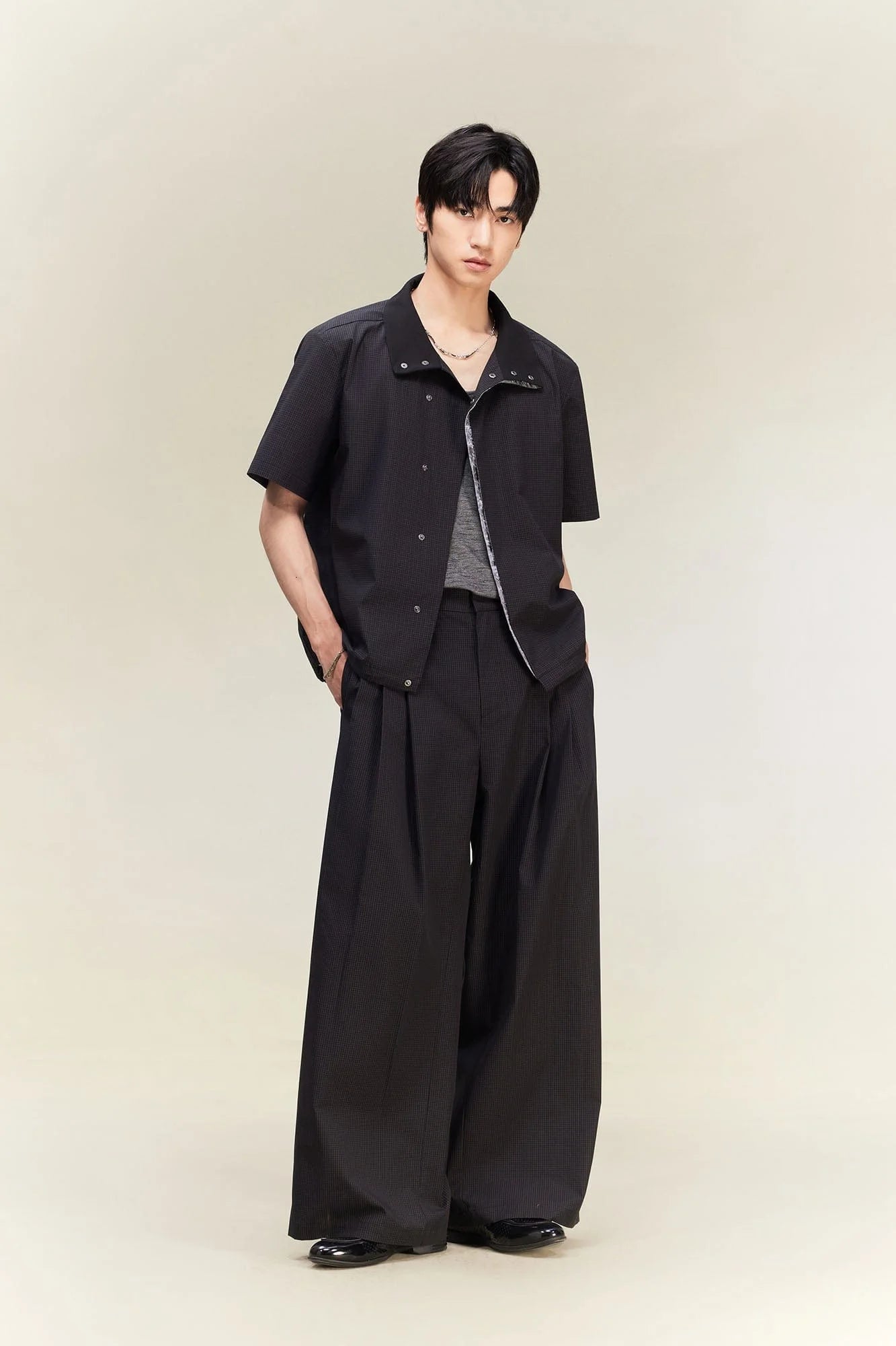 ALVNG AR ANTS Asymmetrical Snap Placket Mini Check Half Shirt