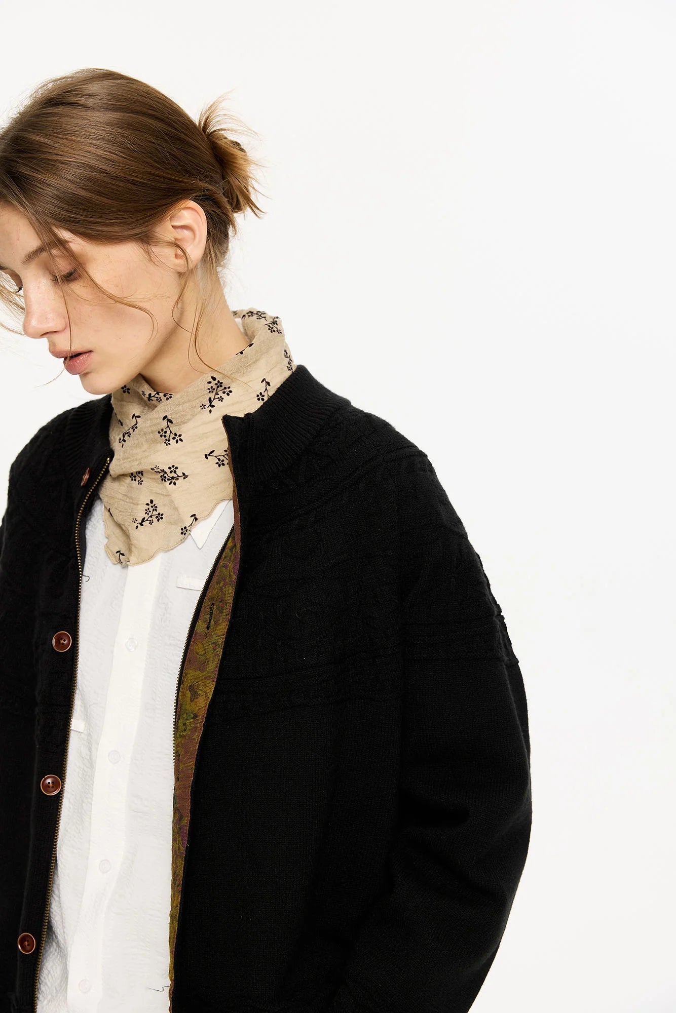 KREATE Double-Placket Jacquard Yoke Cardigan