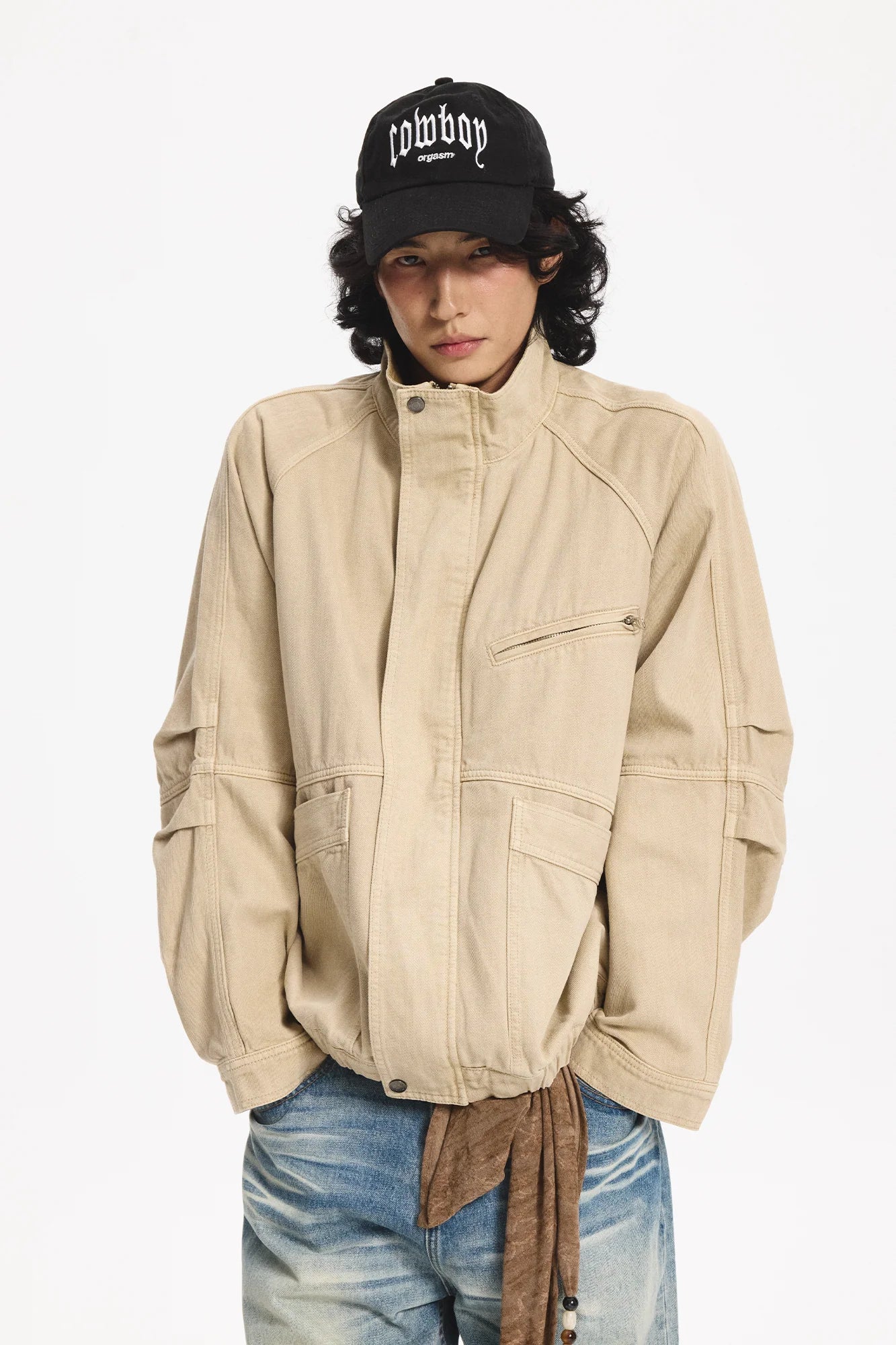 LEONSENSE Utility Raglan Stand-Collar Denim Jacket