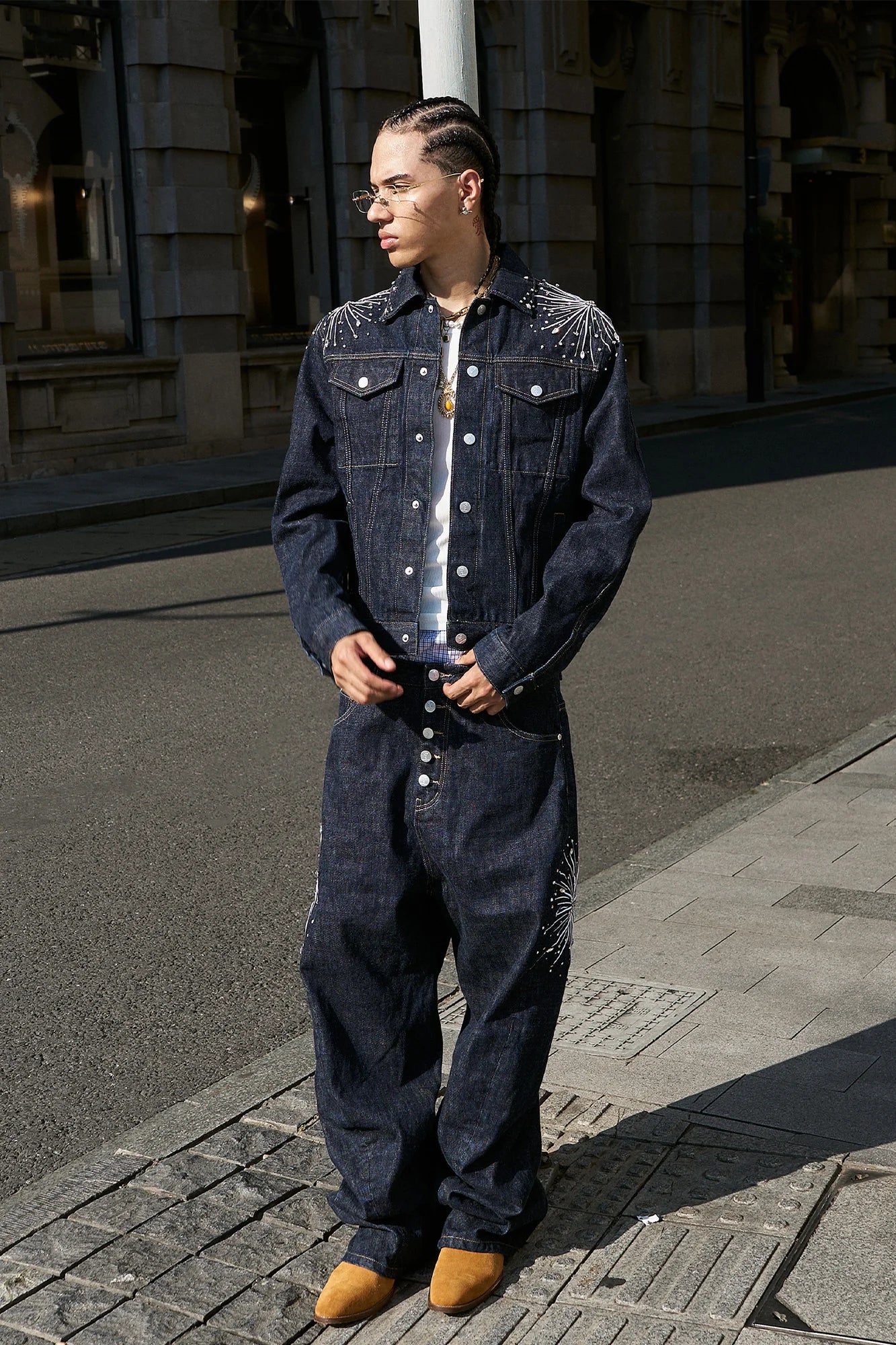 STEEPC Firework Embroidered Rhinestone Curved Raw Jeans